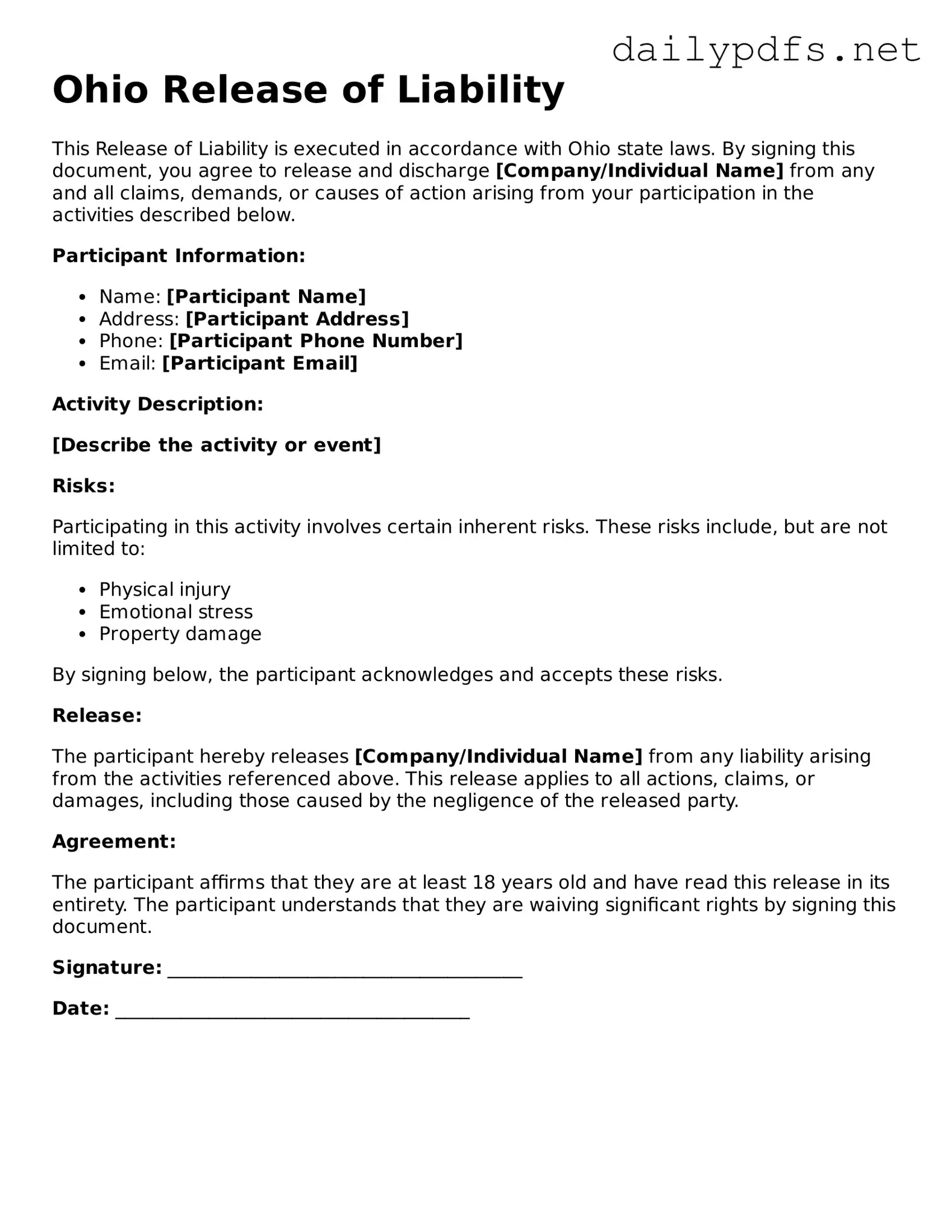 Free  Release of Liability Template for Ohio