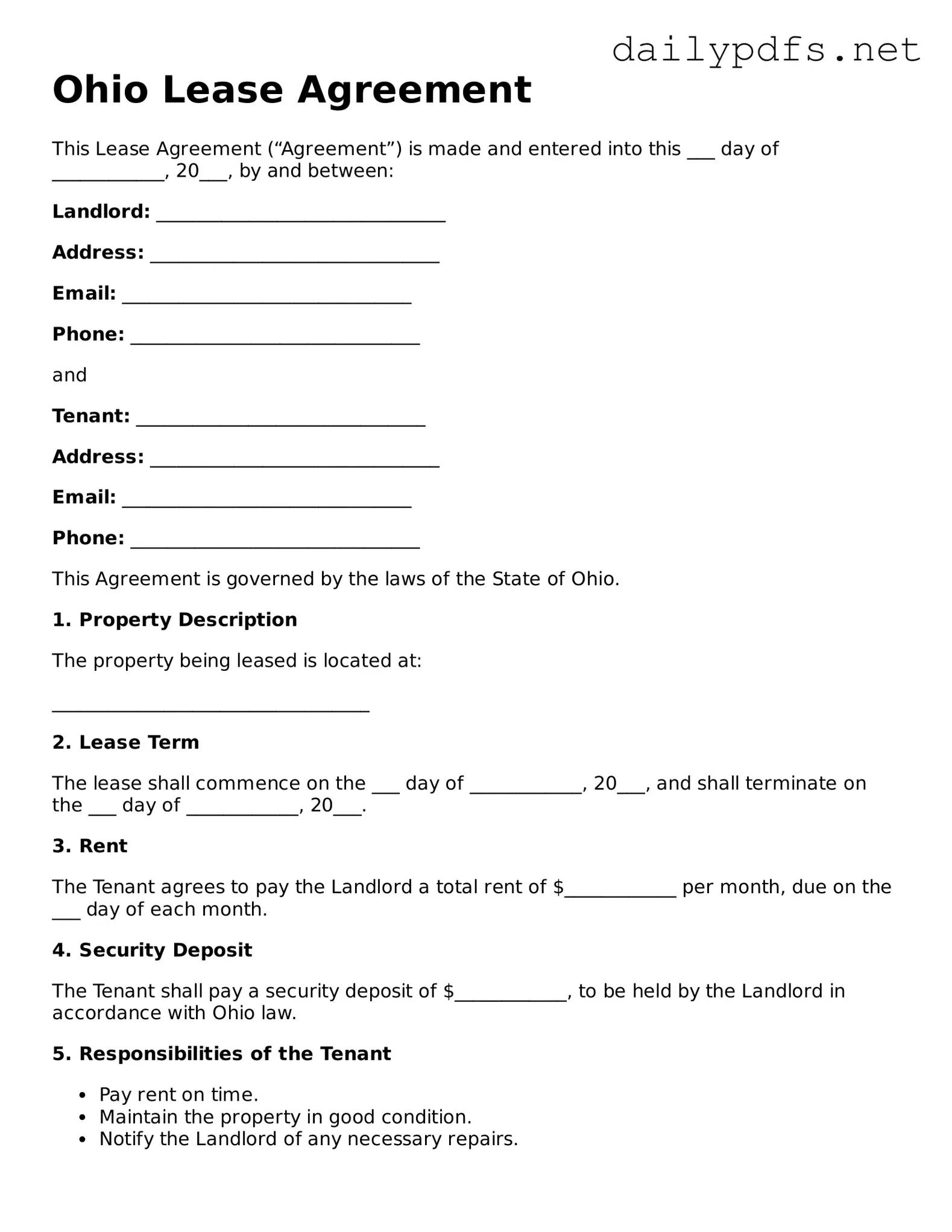 Free  Lease Agreement Template for Ohio
