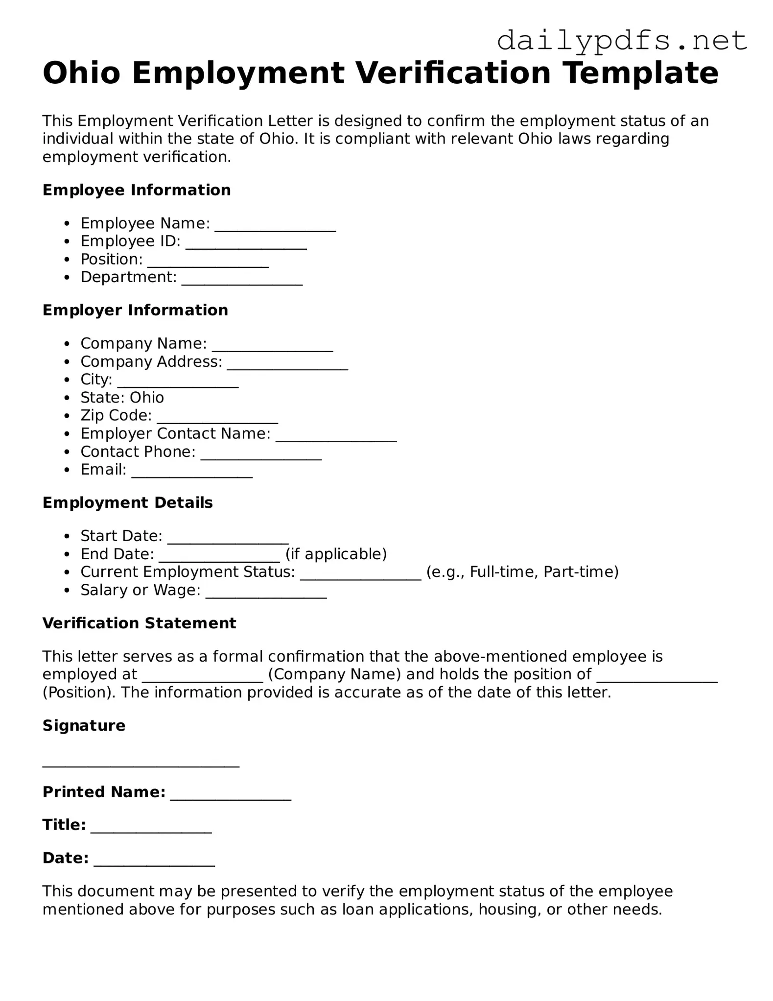 Free  Employment Verification Template for Ohio