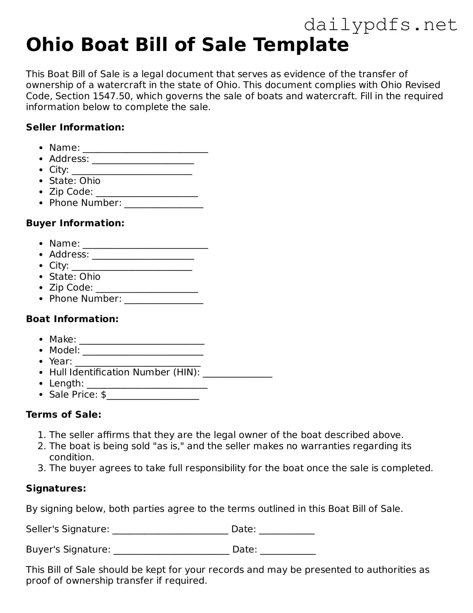 Free  Boat Bill of Sale Template for Ohio