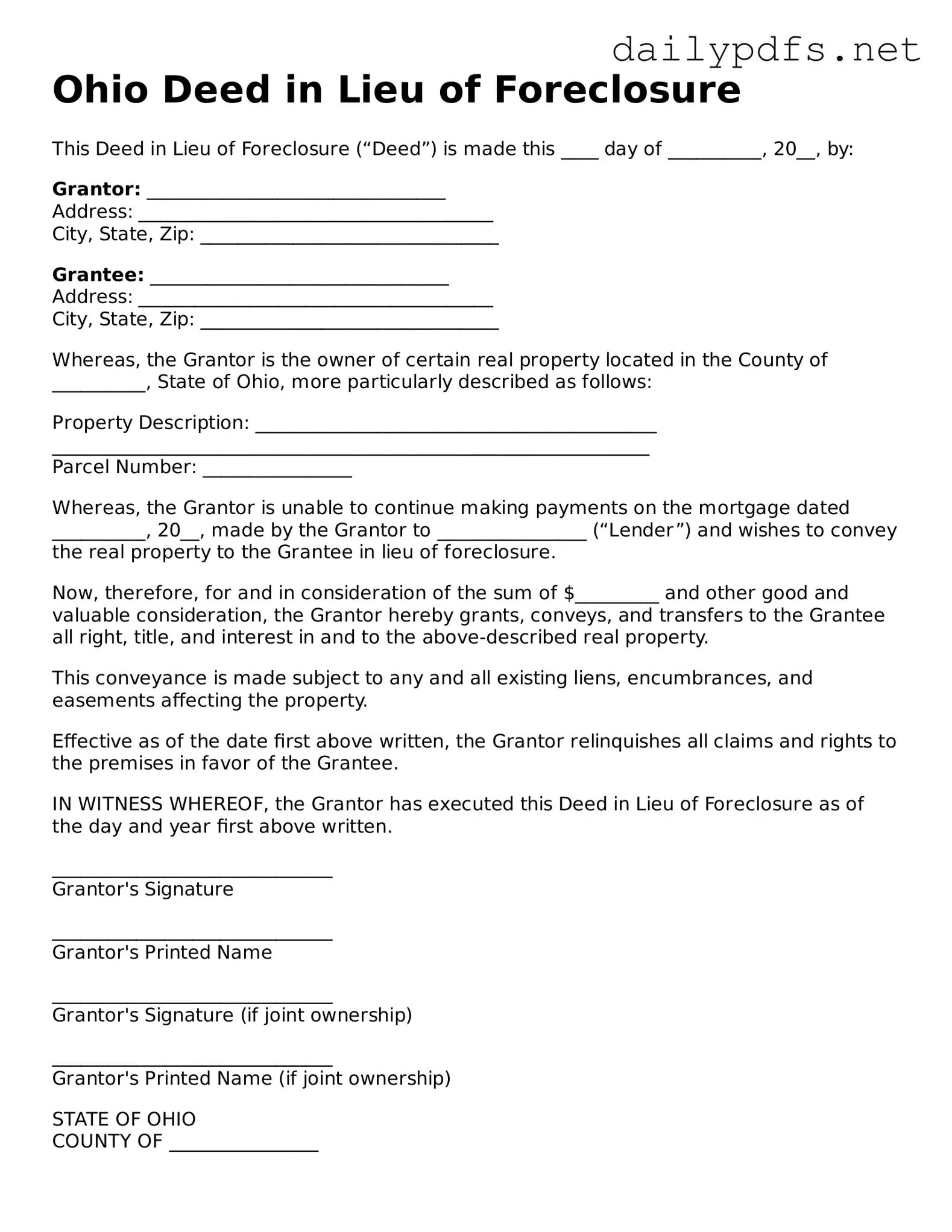 Free  Deed in Lieu of Foreclosure Template for Ohio