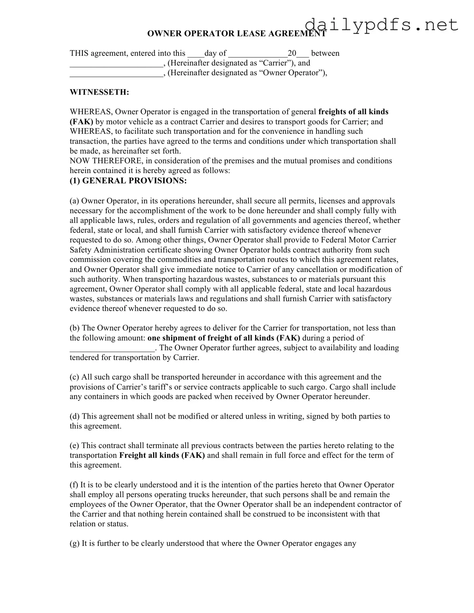 Fill Out Your Owner Operator Lease Agreement Form