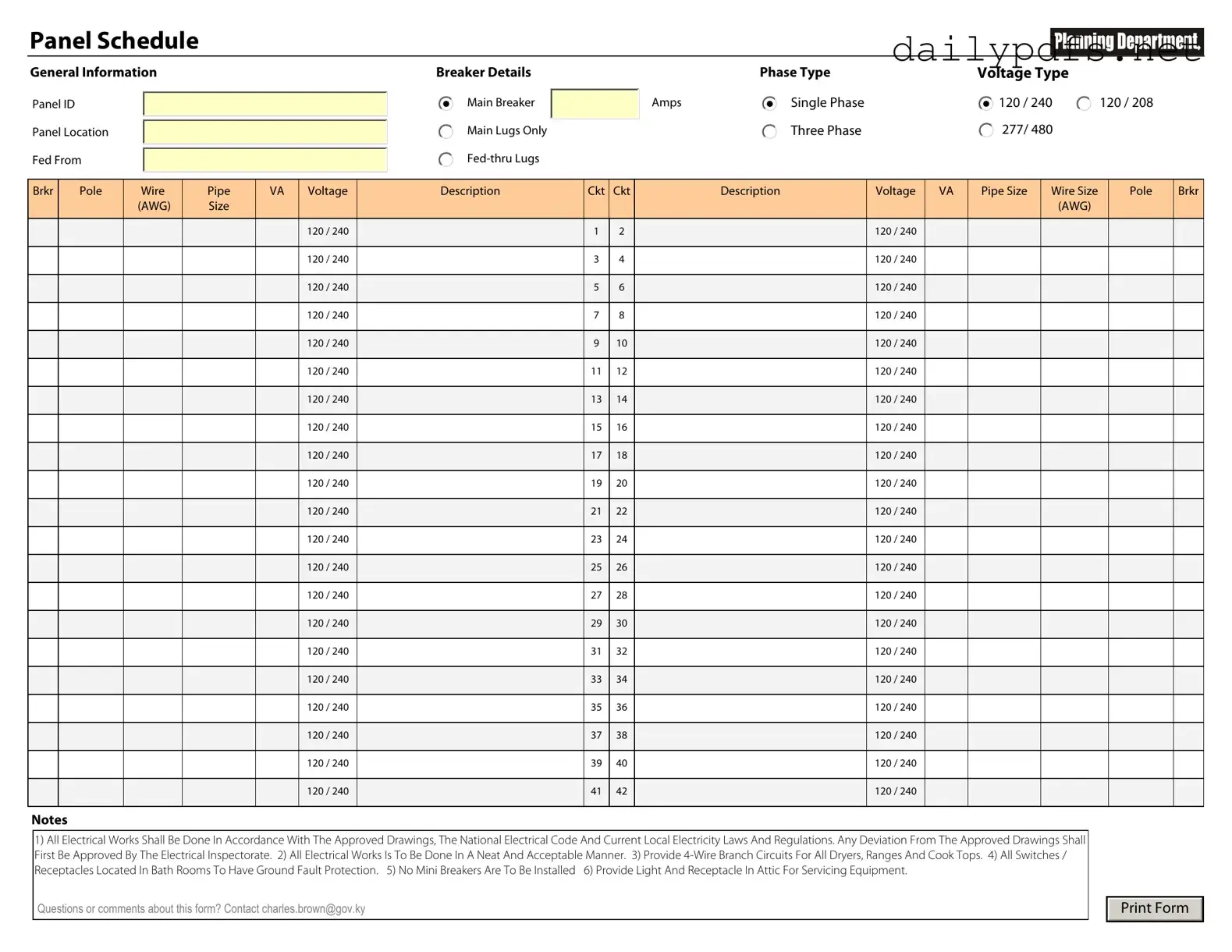 Fill Out Your Electrical Panel Schedule Form