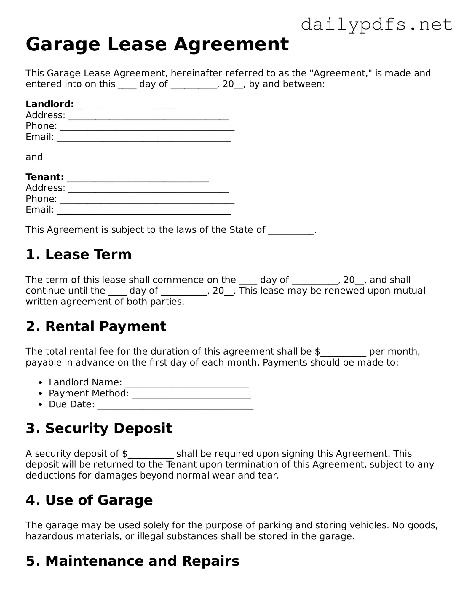 Printable Garage Lease Agreement Document