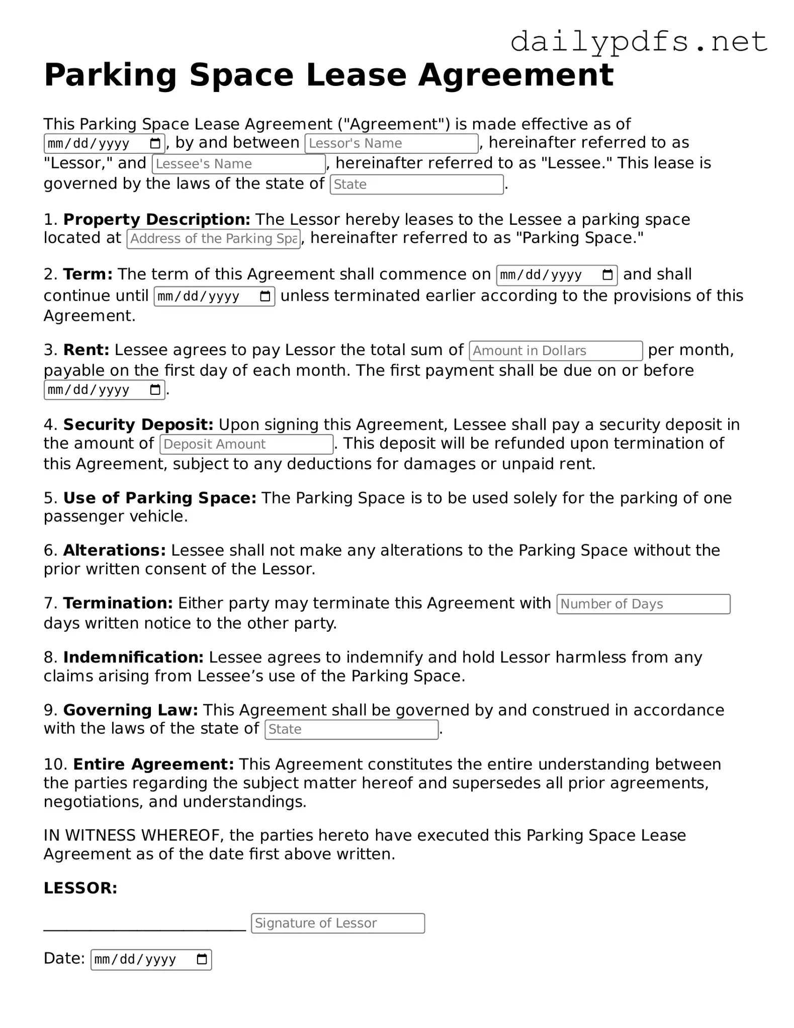 Printable Parking Space Lease Agreement Document