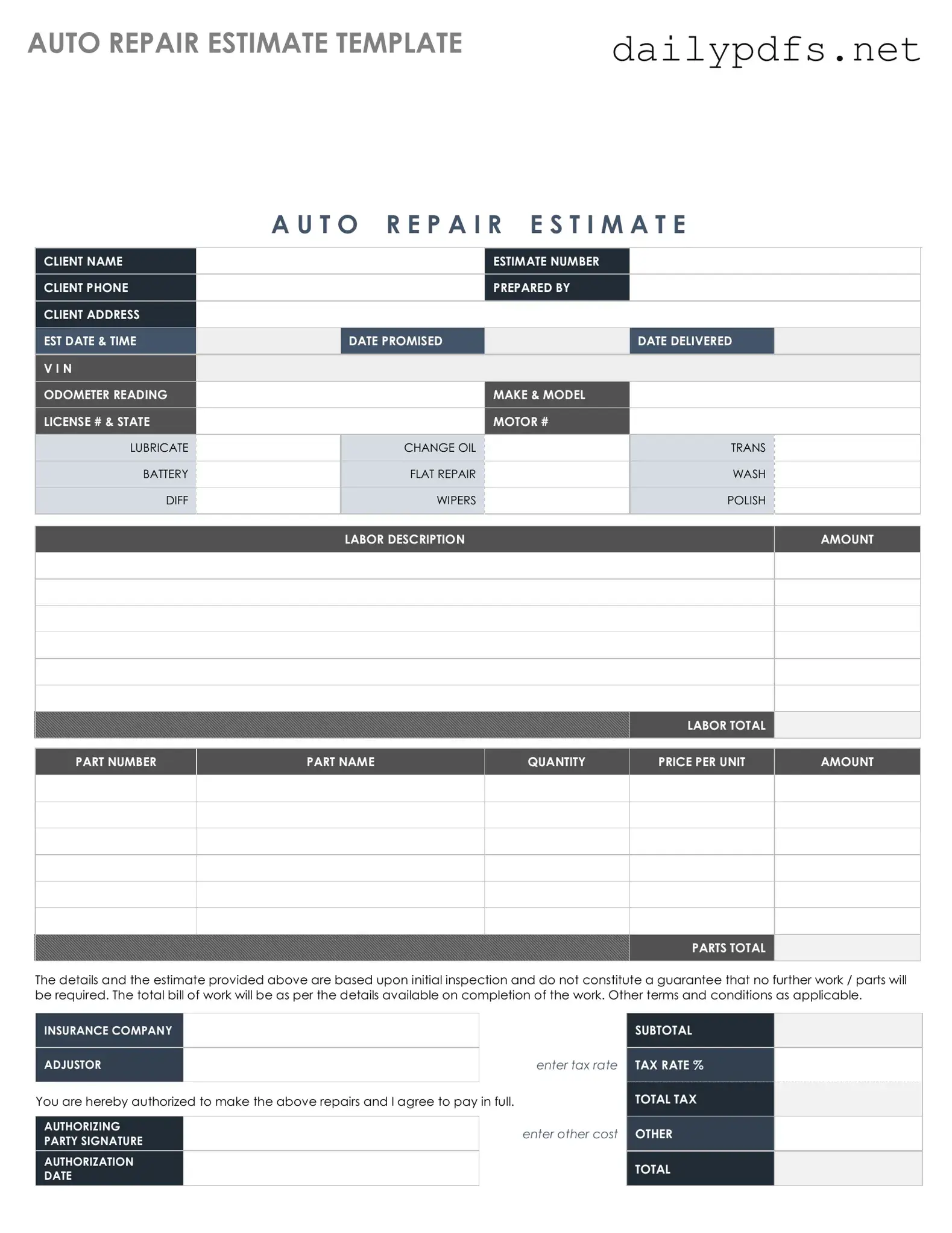 Fill Out Your Auto Repair Estimate Form