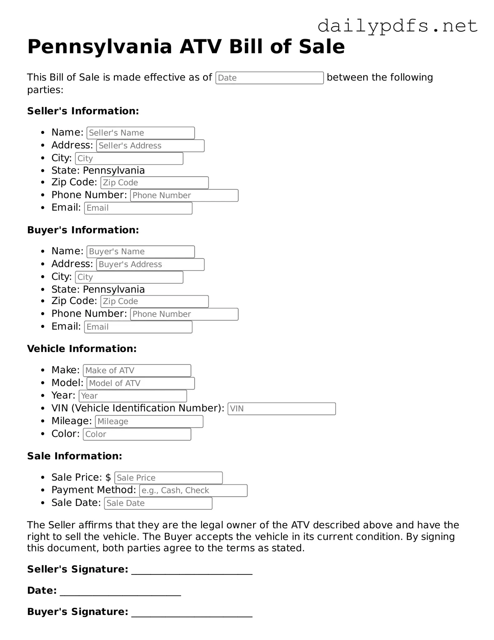 Free  ATV Bill of Sale Template for Pennsylvania