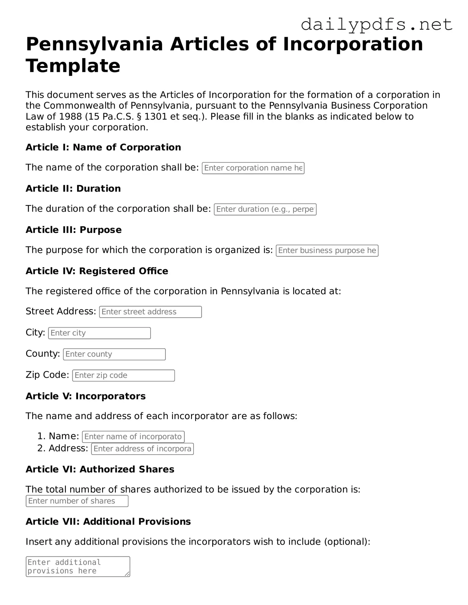 Free  Articles of Incorporation Template for Pennsylvania