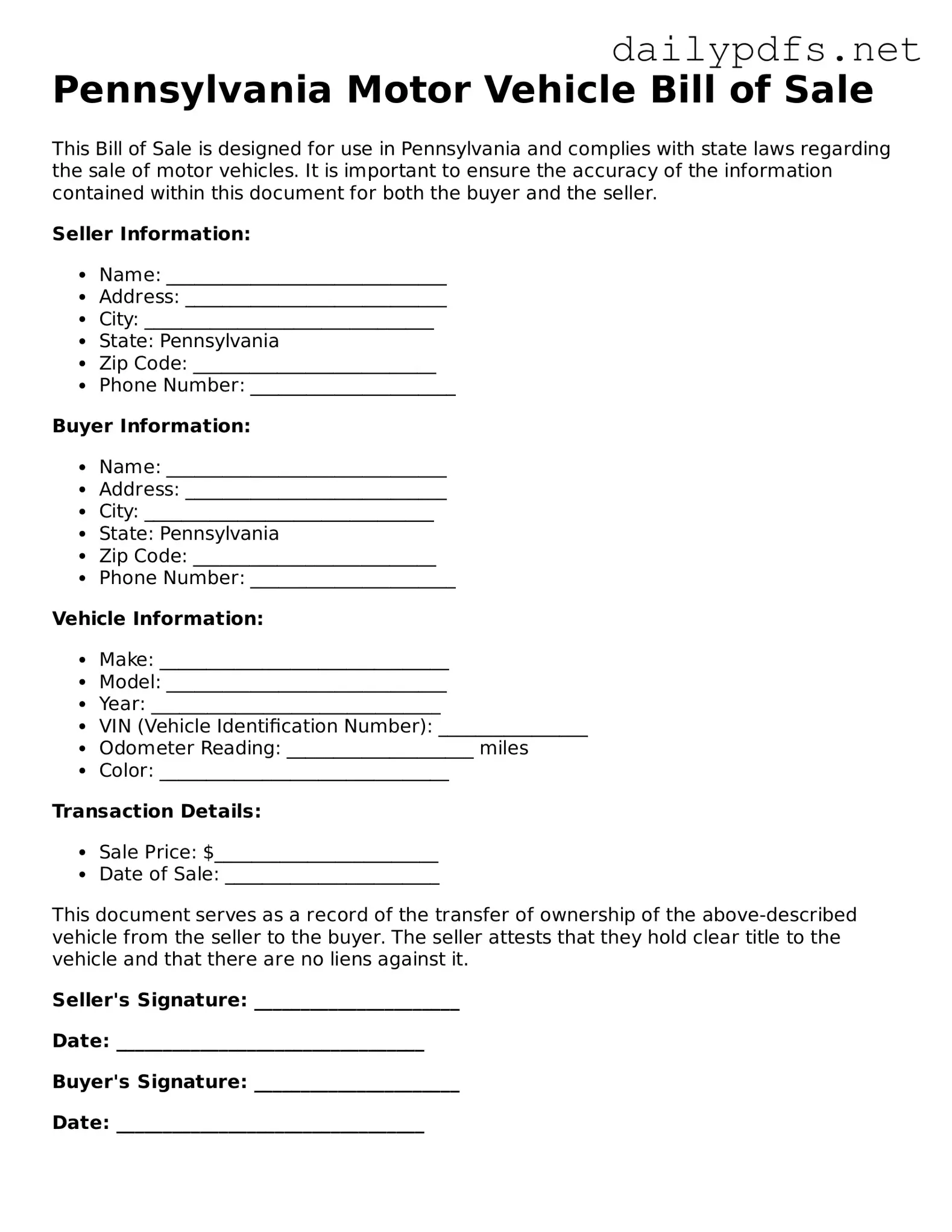 Free  Motor Vehicle Bill of Sale Template for Pennsylvania