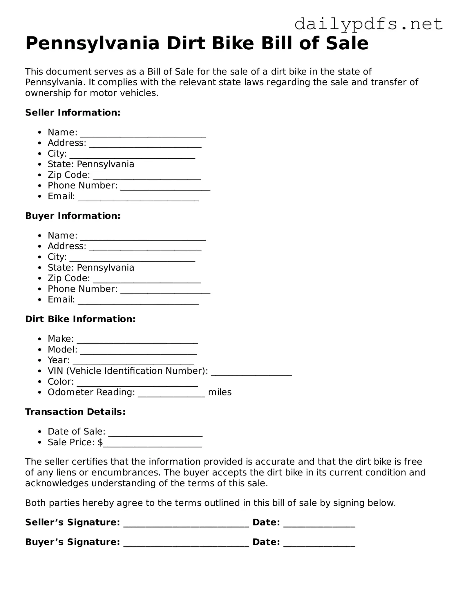 Free  Dirt Bike Bill of Sale Template for Pennsylvania
