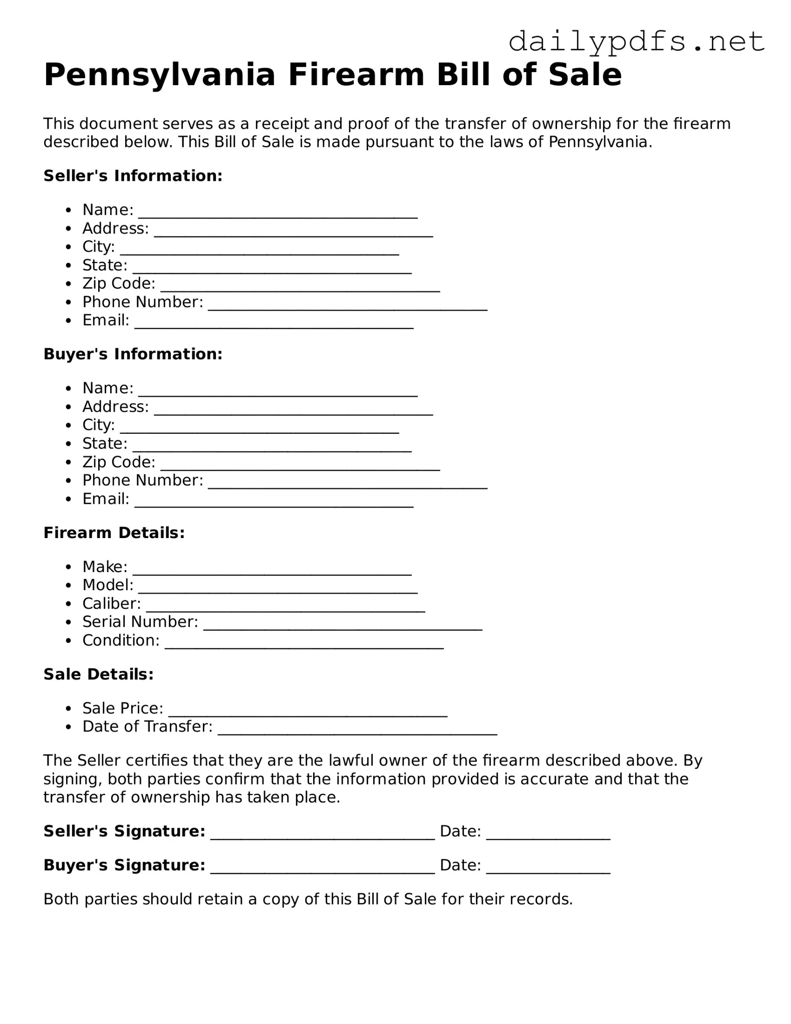 Free  Firearm Bill of Sale Template for Pennsylvania