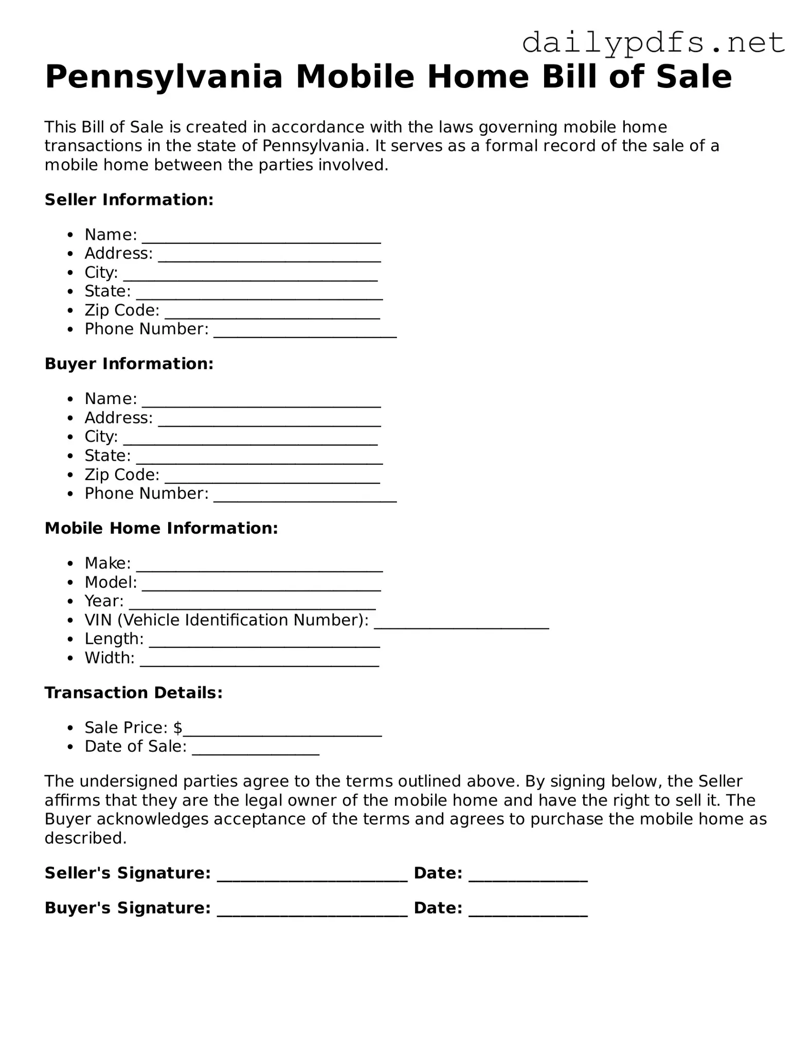Free  Mobile Home Bill of Sale Template for Pennsylvania