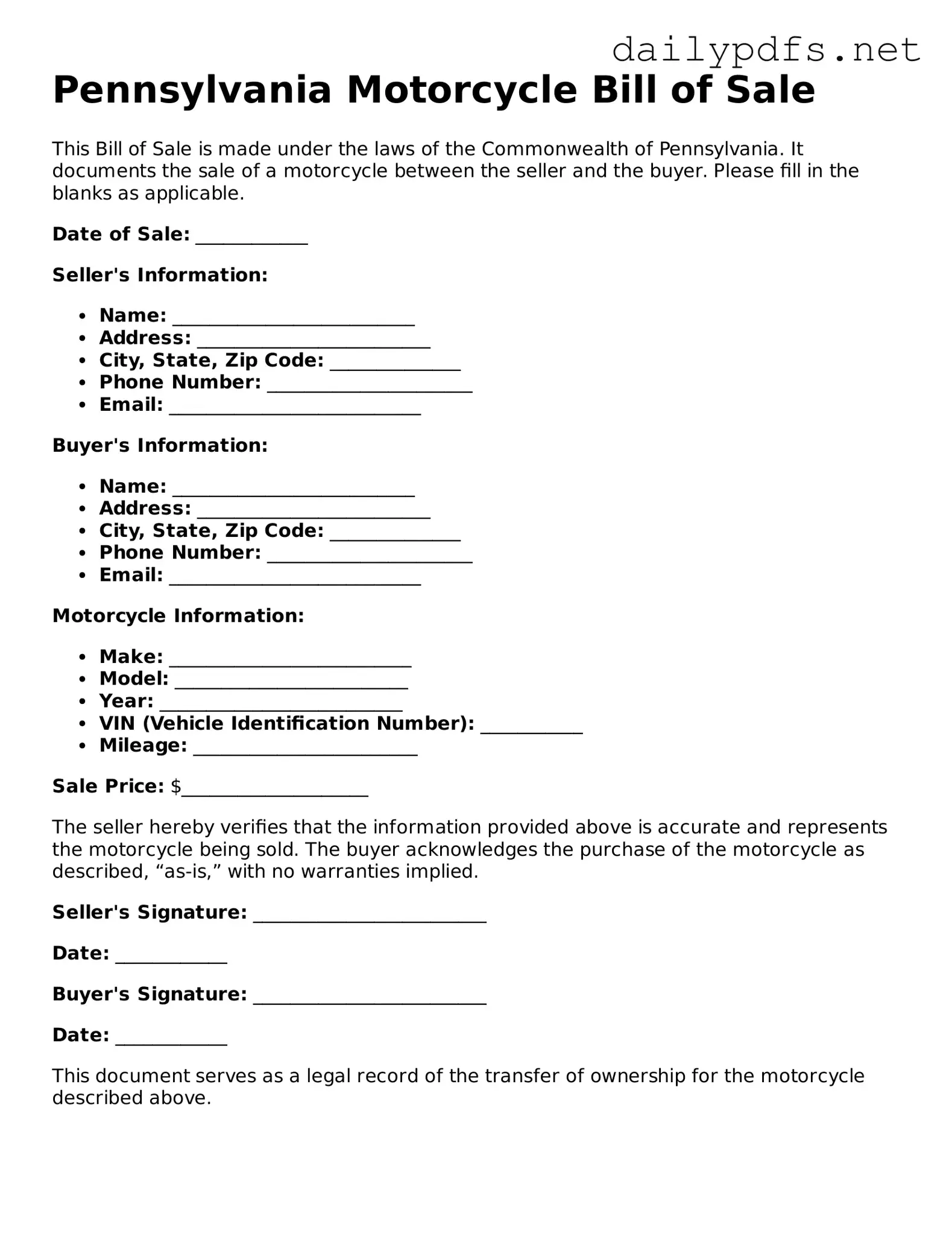 Free  Motorcycle Bill of Sale Template for Pennsylvania