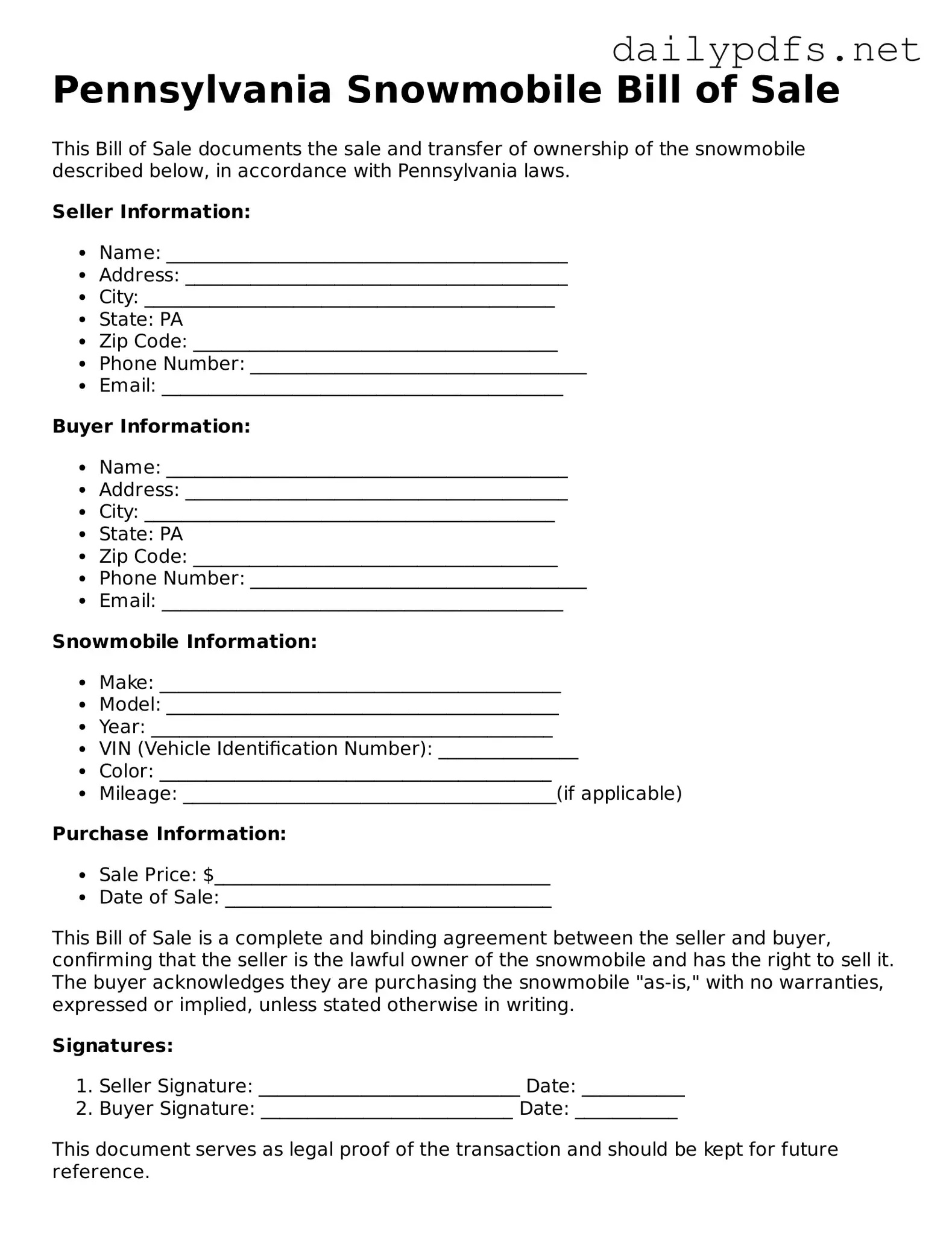 Free  Snowmobile Bill of Sale Template for Pennsylvania