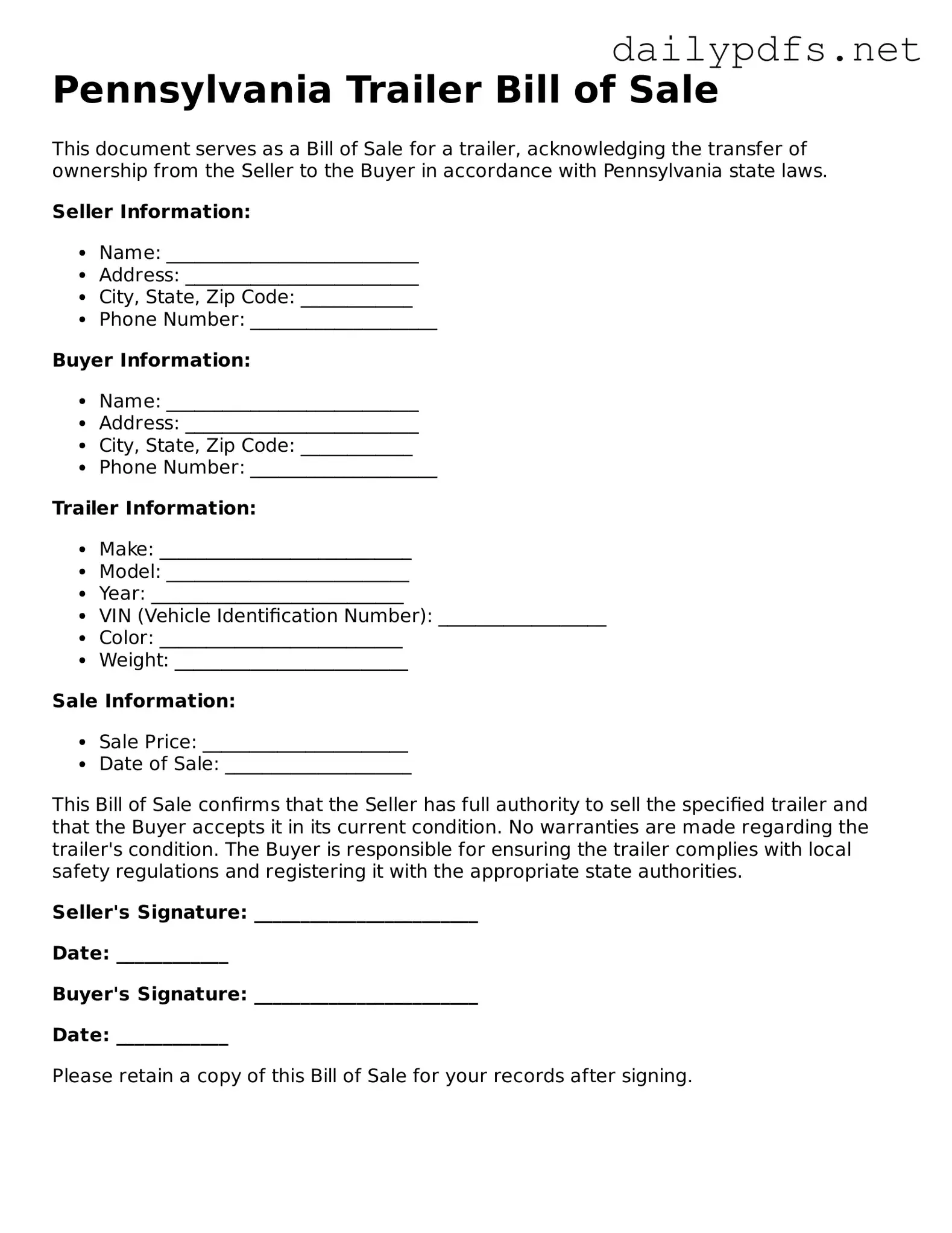 Free  Trailer Bill of Sale Template for Pennsylvania