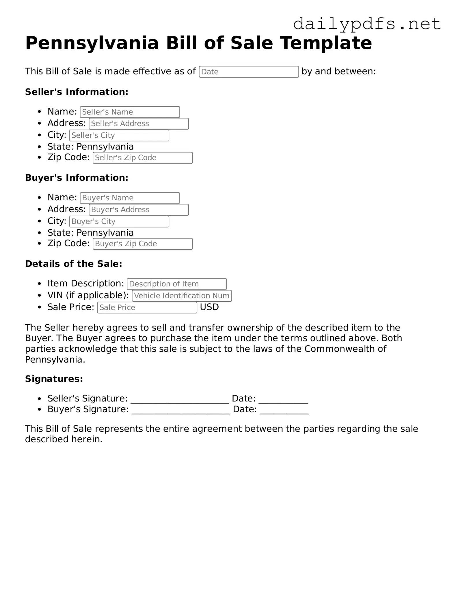 Free  Bill of Sale Template for Pennsylvania