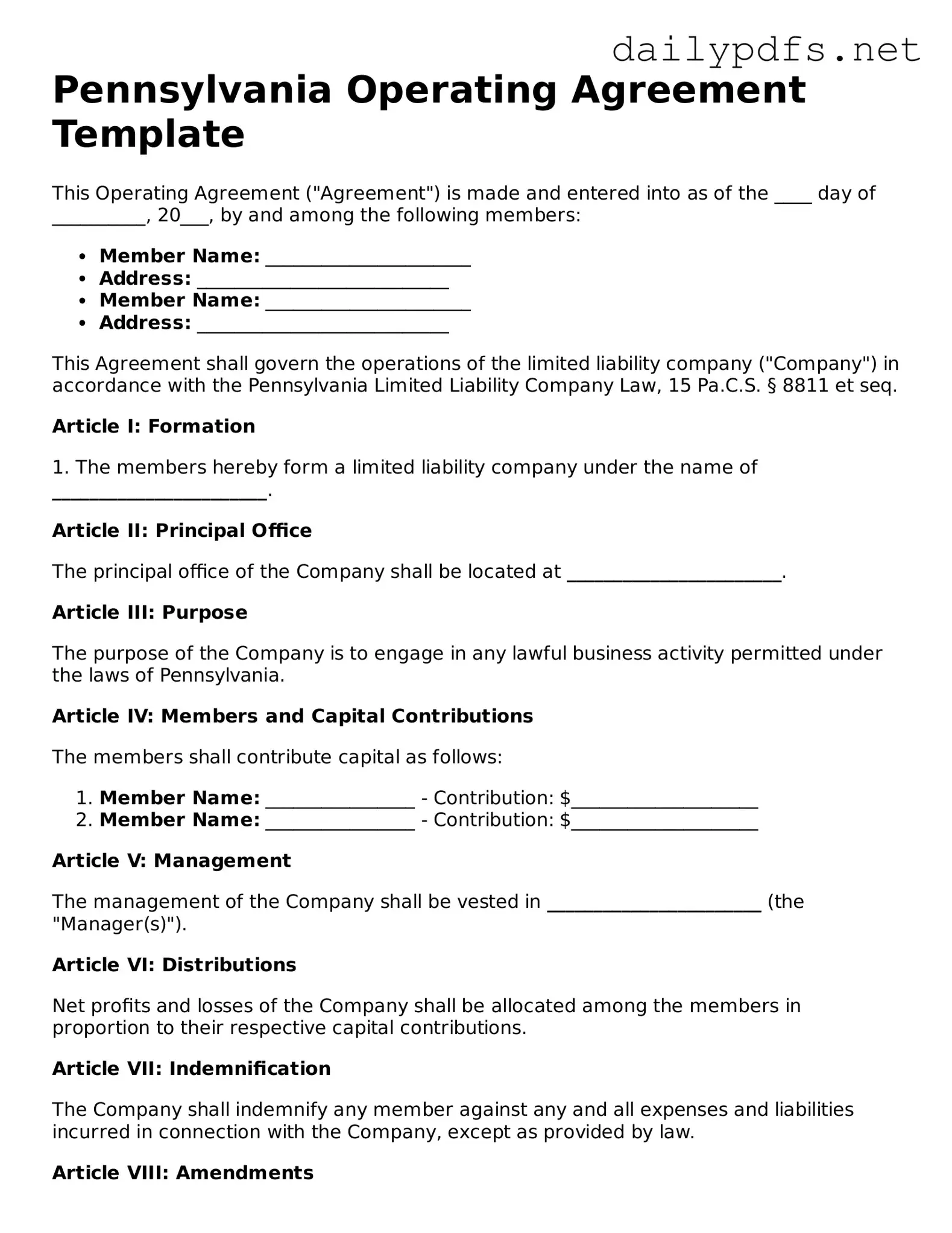 Free  Operating Agreement Template for Pennsylvania