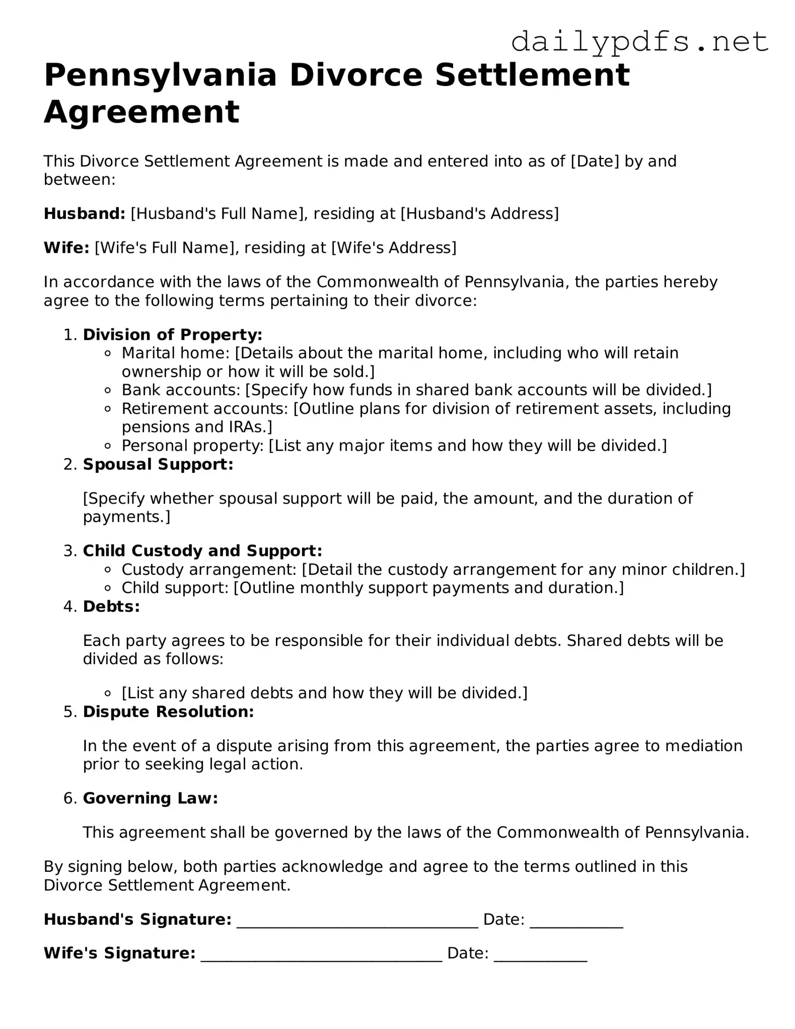 Free  Divorce Settlement Agreement Template for Pennsylvania
