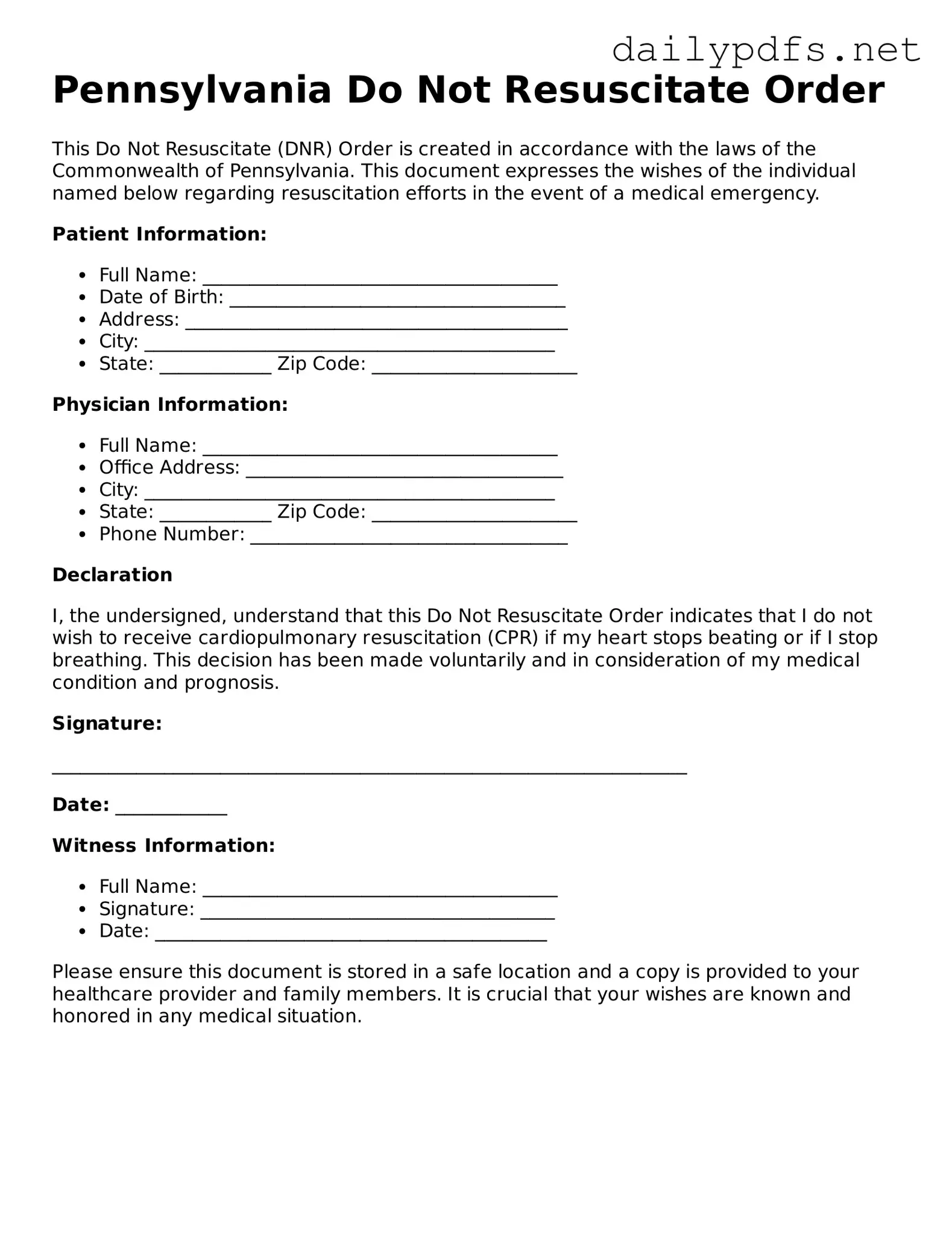 Free  Do Not Resuscitate Order Template for Pennsylvania