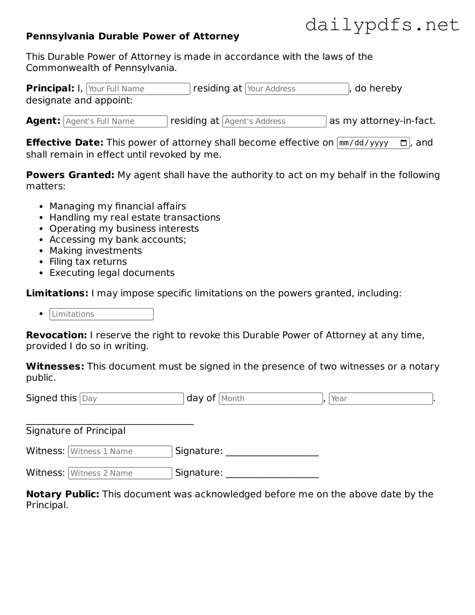 Free  Durable Power of Attorney Template for Pennsylvania