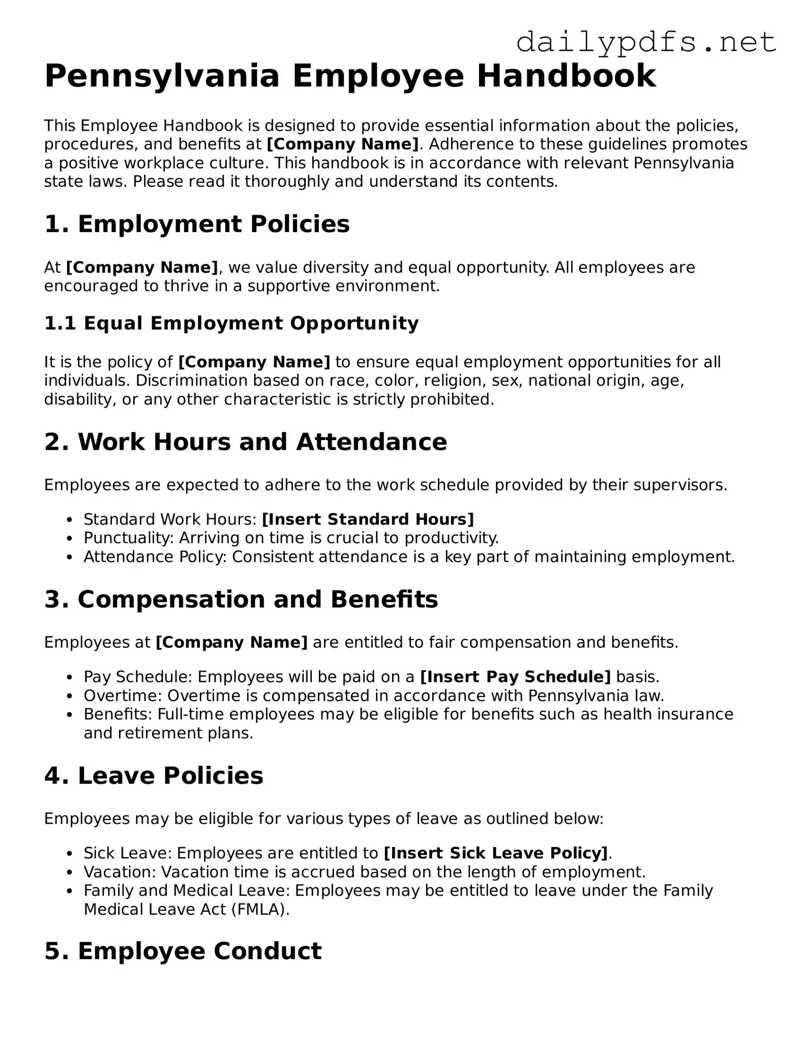 Free  Employee Handbook Template for Pennsylvania