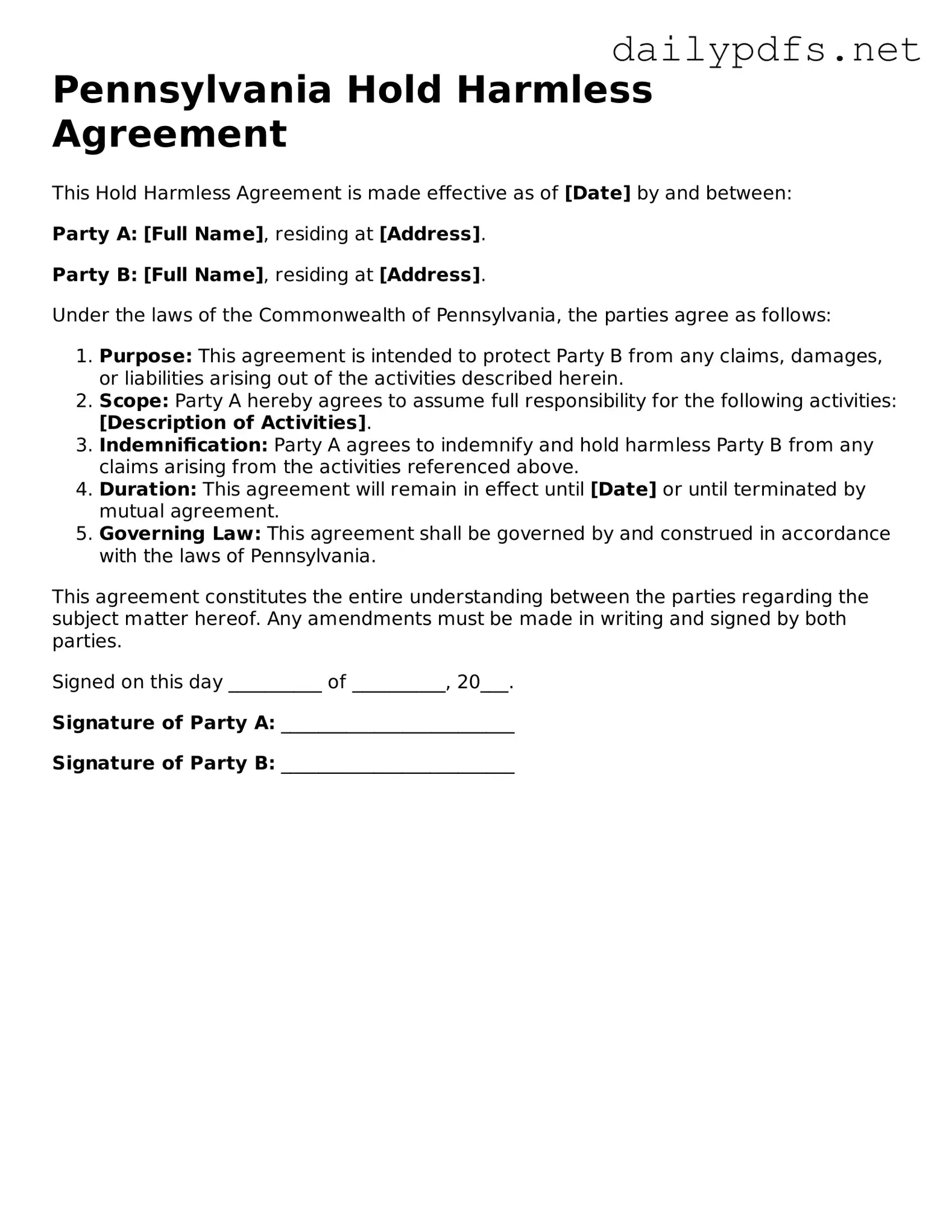 Free  Hold Harmless Agreement Template for Pennsylvania