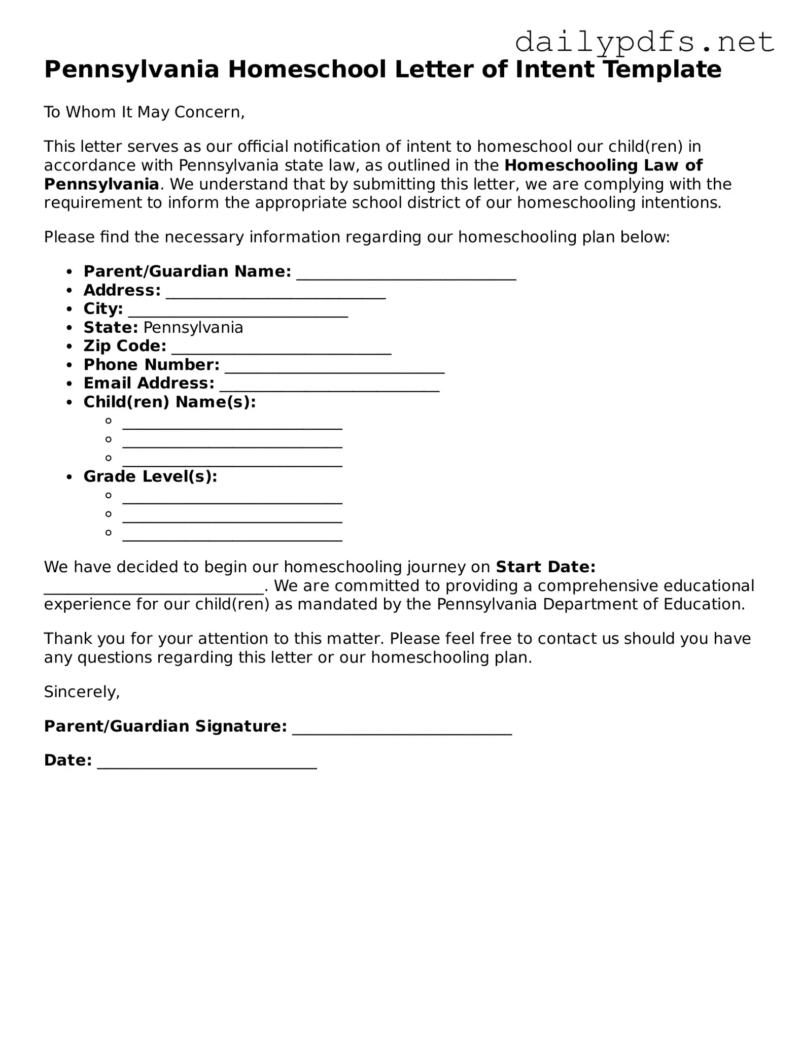 Free  Homeschool Letter of Intent Template for Pennsylvania