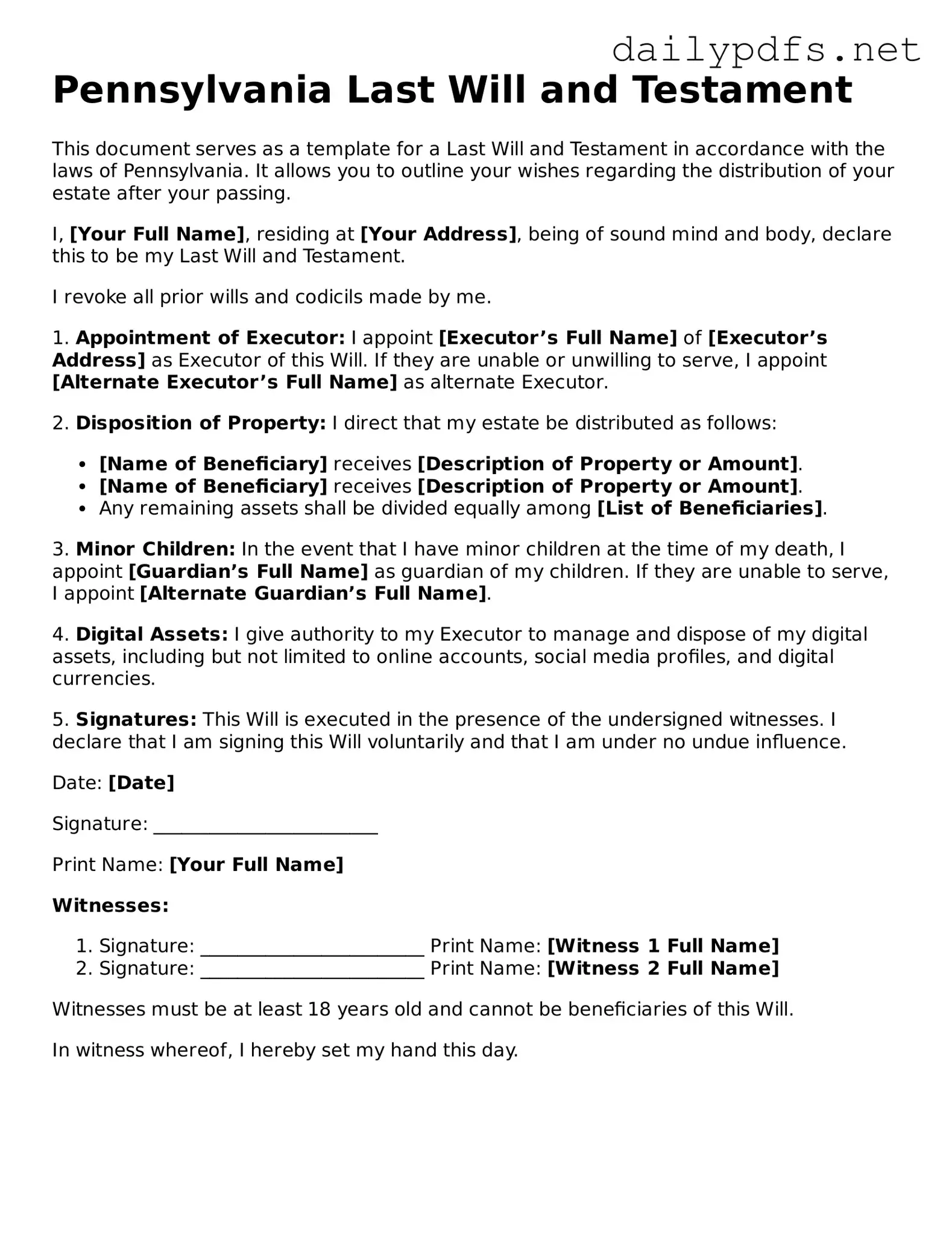 Free  Last Will and Testament Template for Pennsylvania