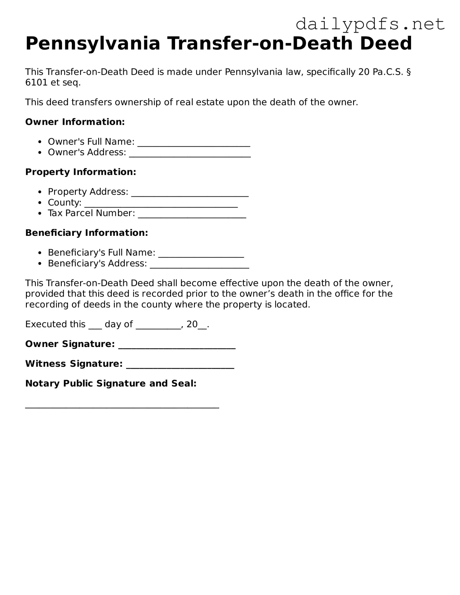 Free  Transfer-on-Death Deed Template for Pennsylvania