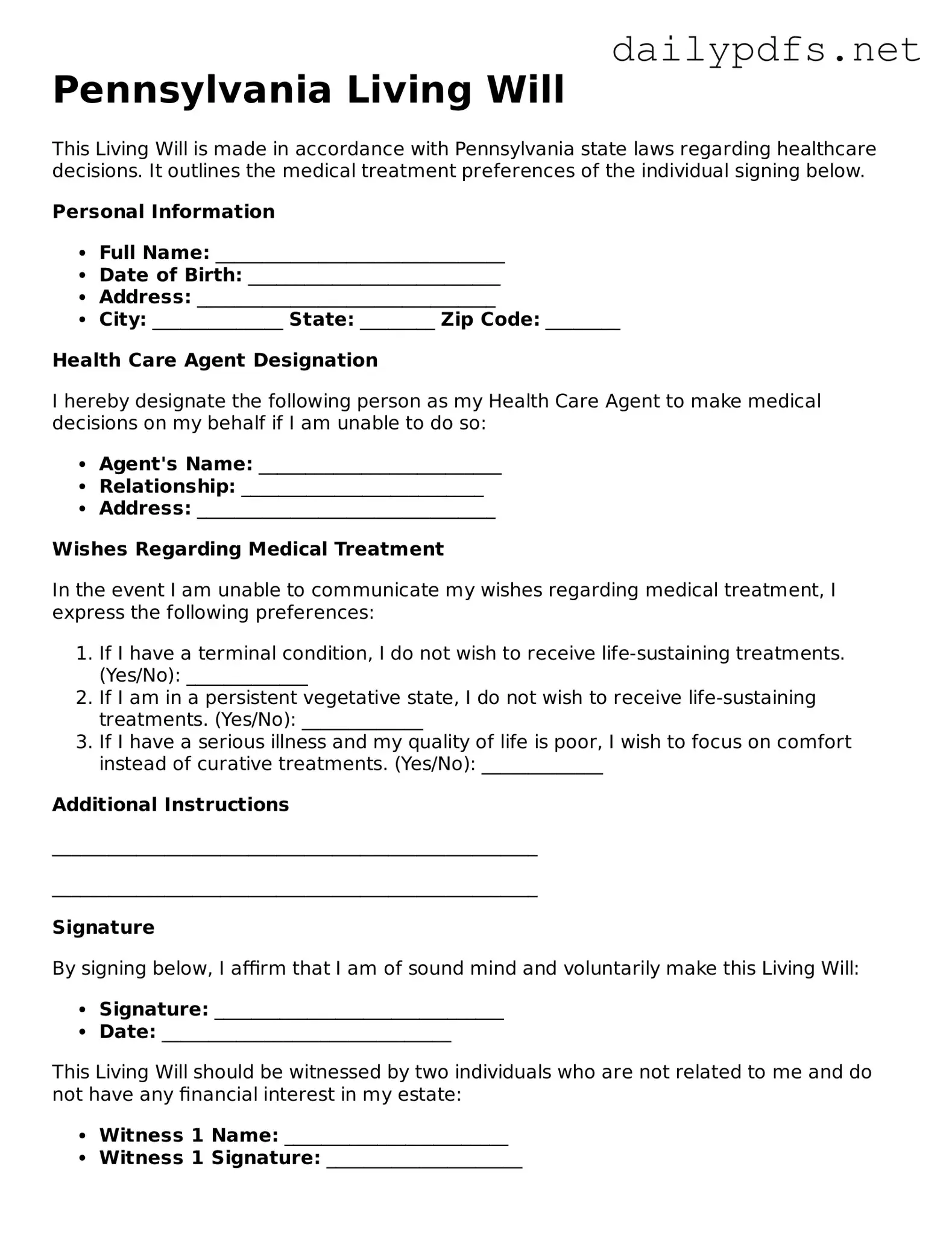 Free  Living Will Template for Pennsylvania
