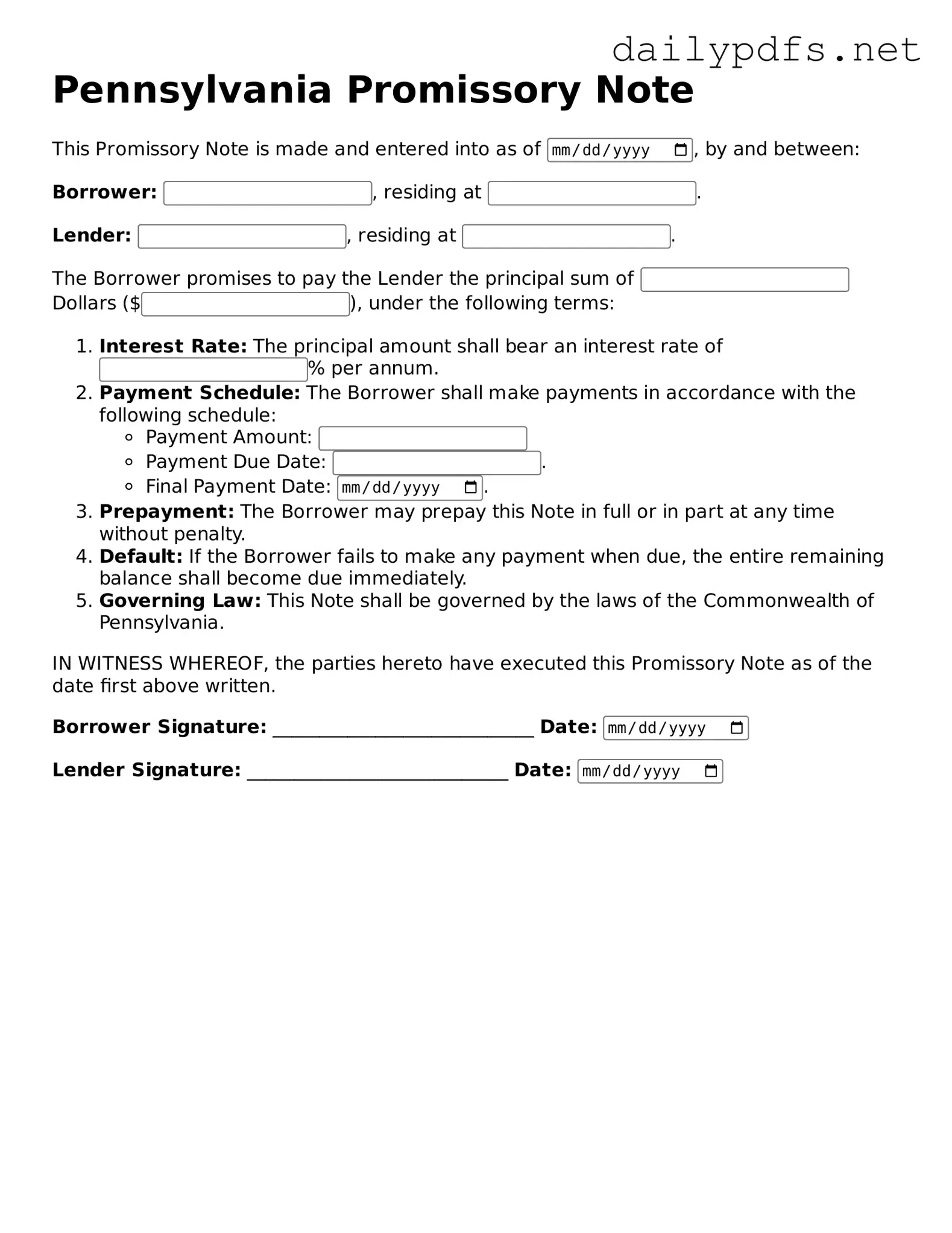 Free  Promissory Note Template for Pennsylvania