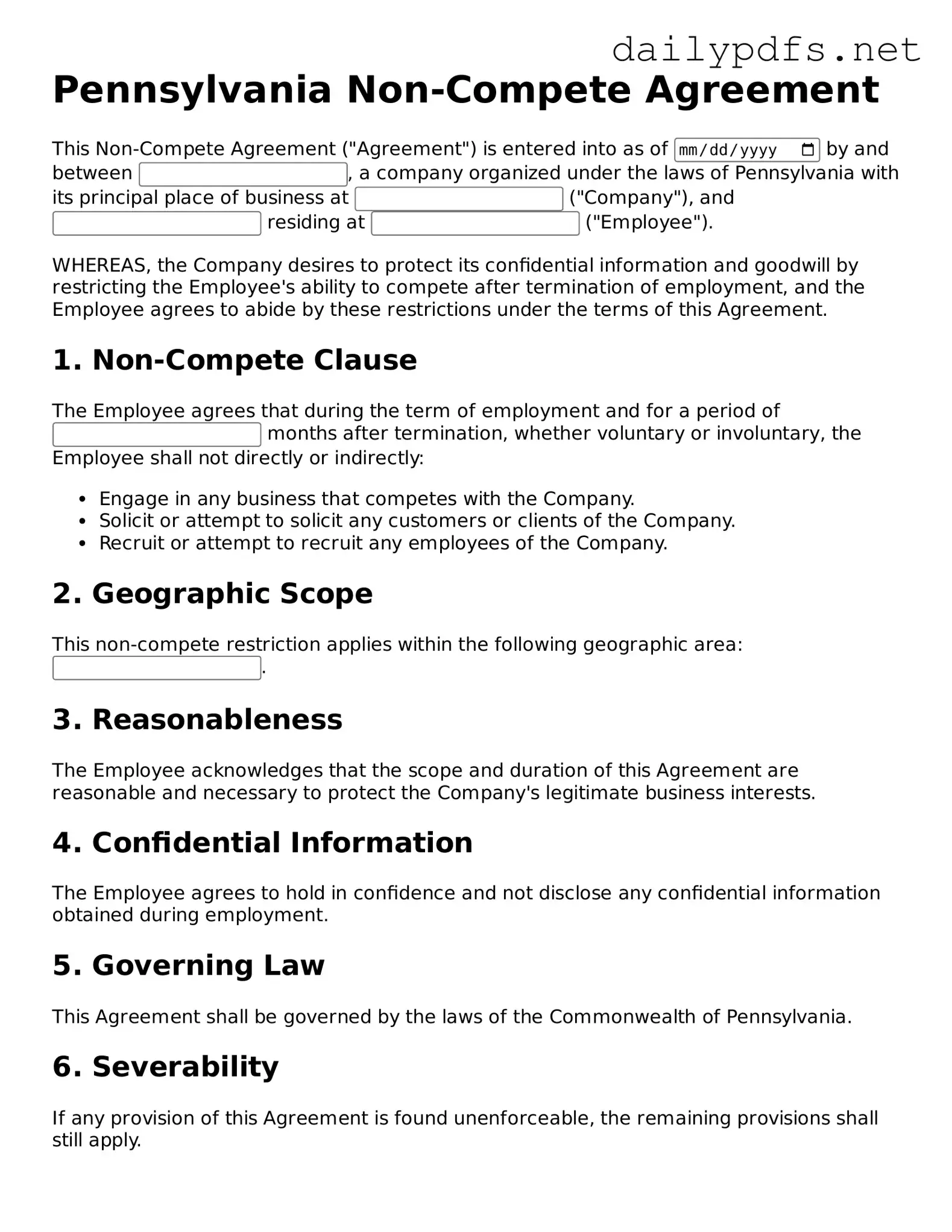 Free  Non-compete Agreement Template for Pennsylvania