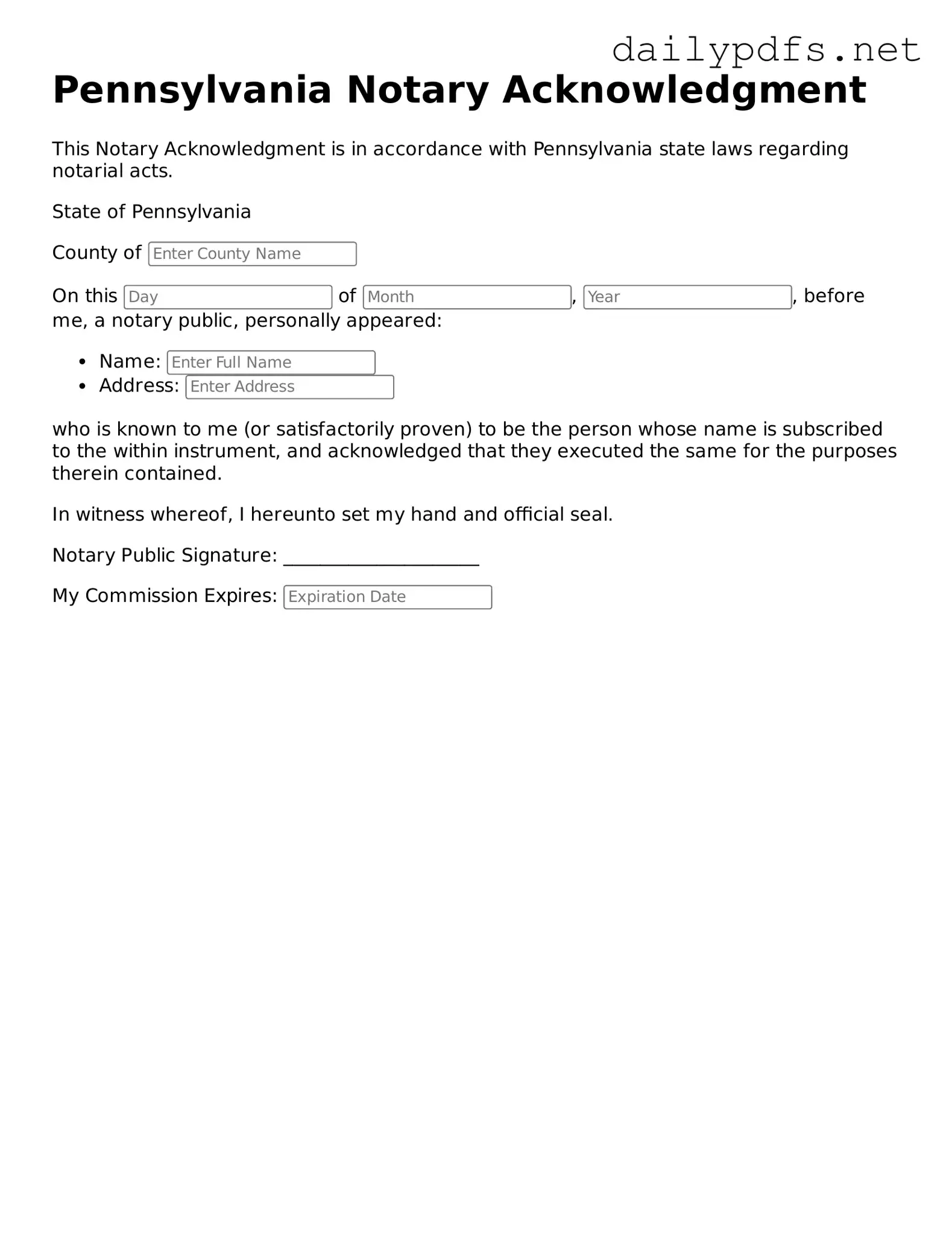 Free  Notary Acknowledgement Template for Pennsylvania