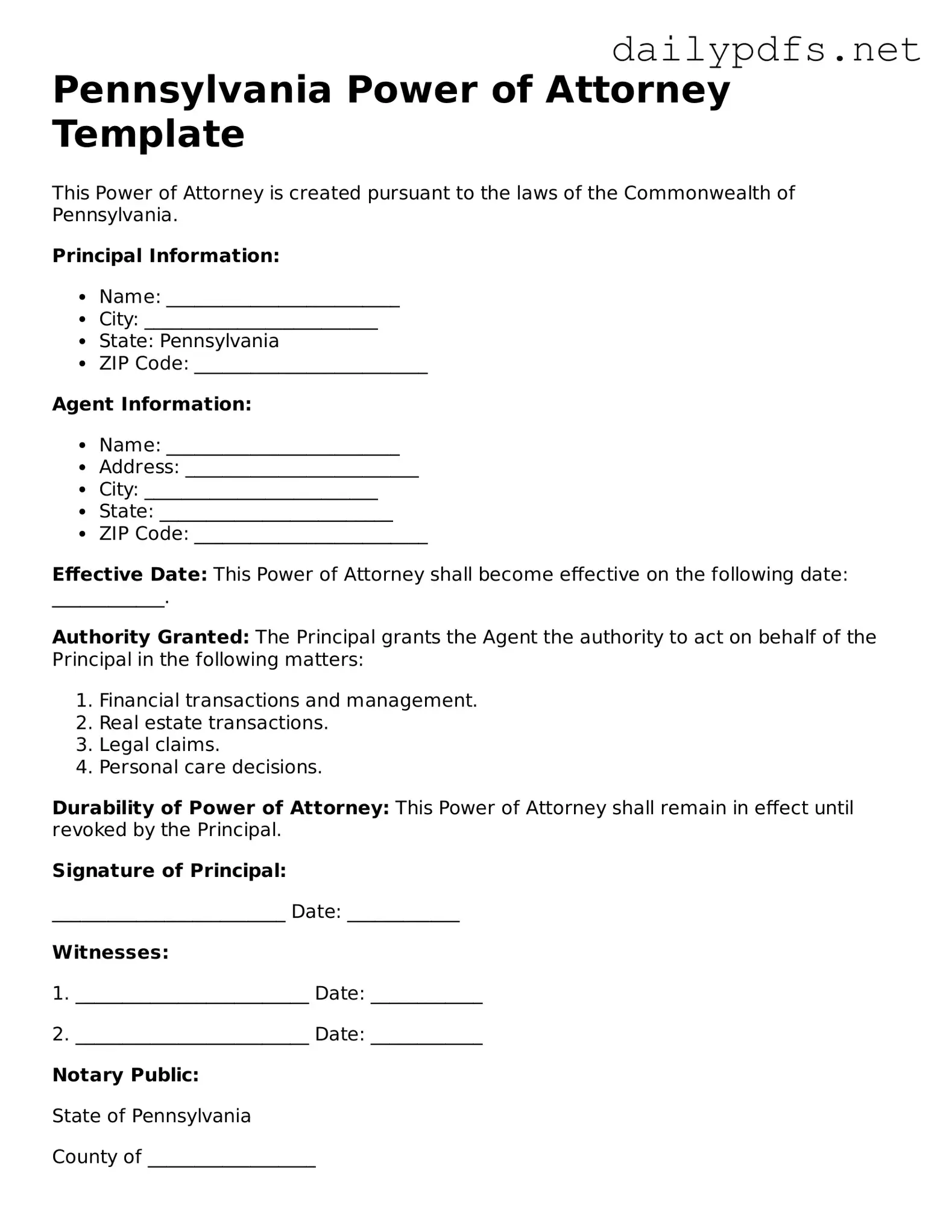 Free  Power of Attorney Template for Pennsylvania