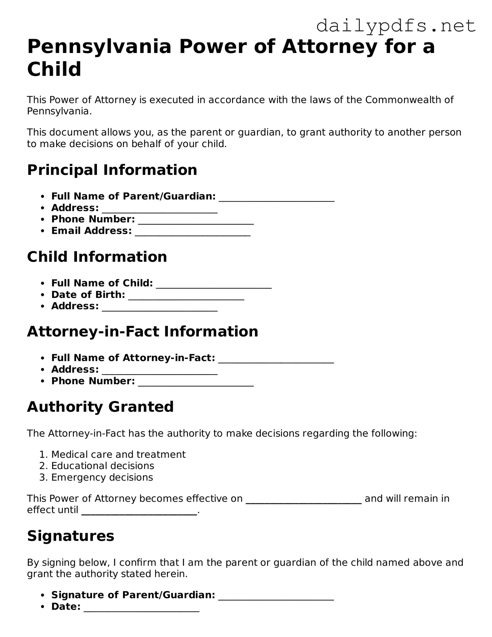Free  Power of Attorney for a Child Template for Pennsylvania