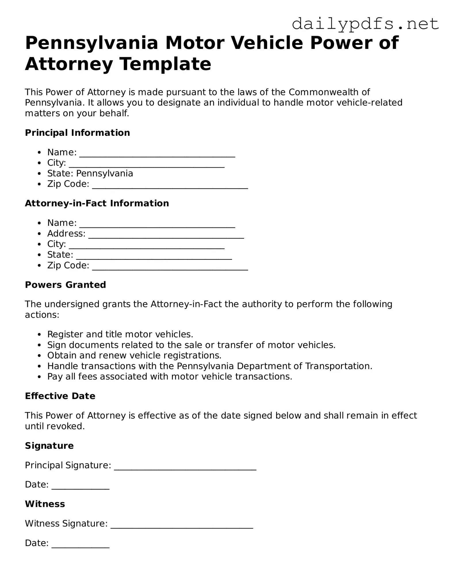 Free  Motor Vehicle Power of Attorney Template for Pennsylvania
