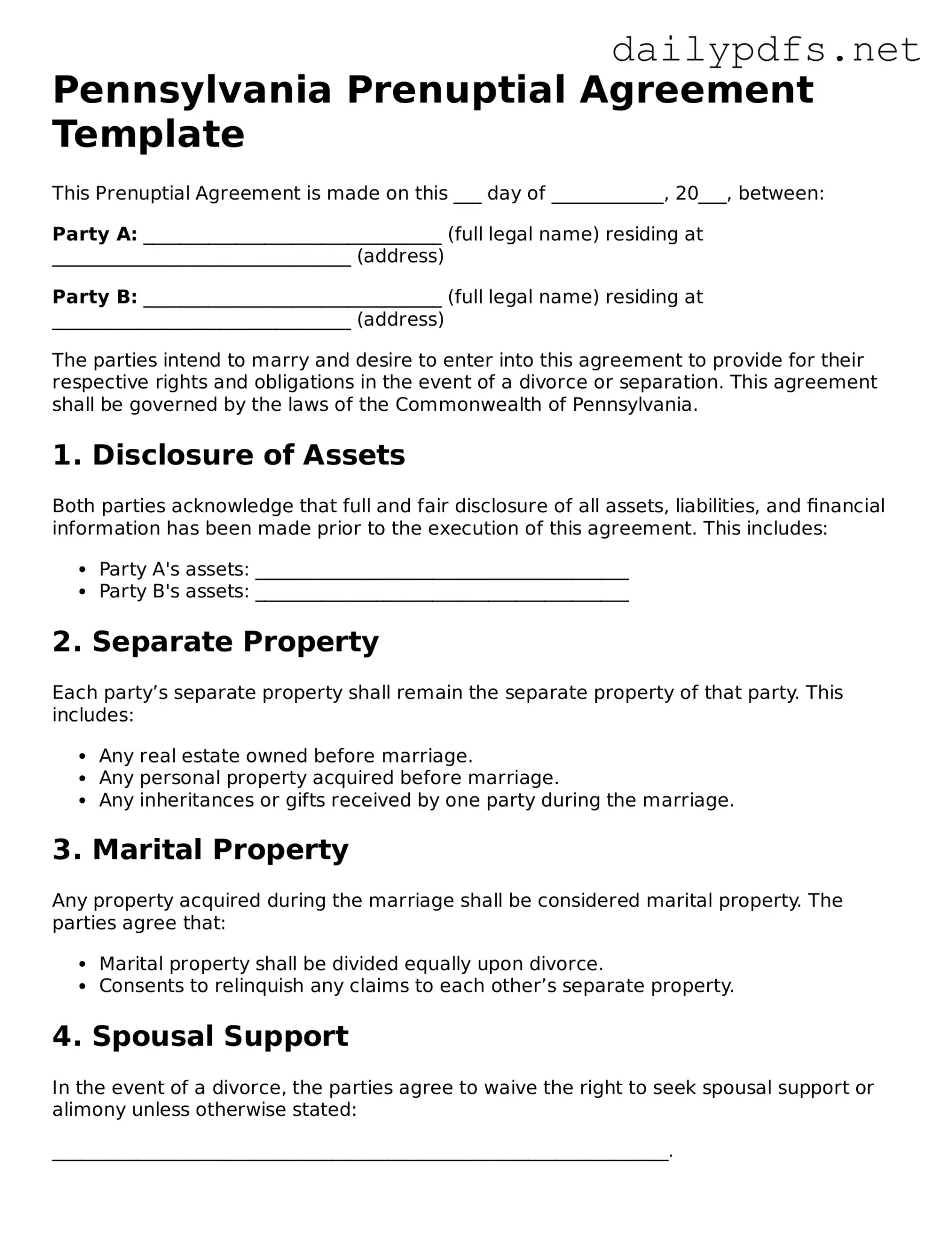 Free  Prenuptial Agreement Template for Pennsylvania