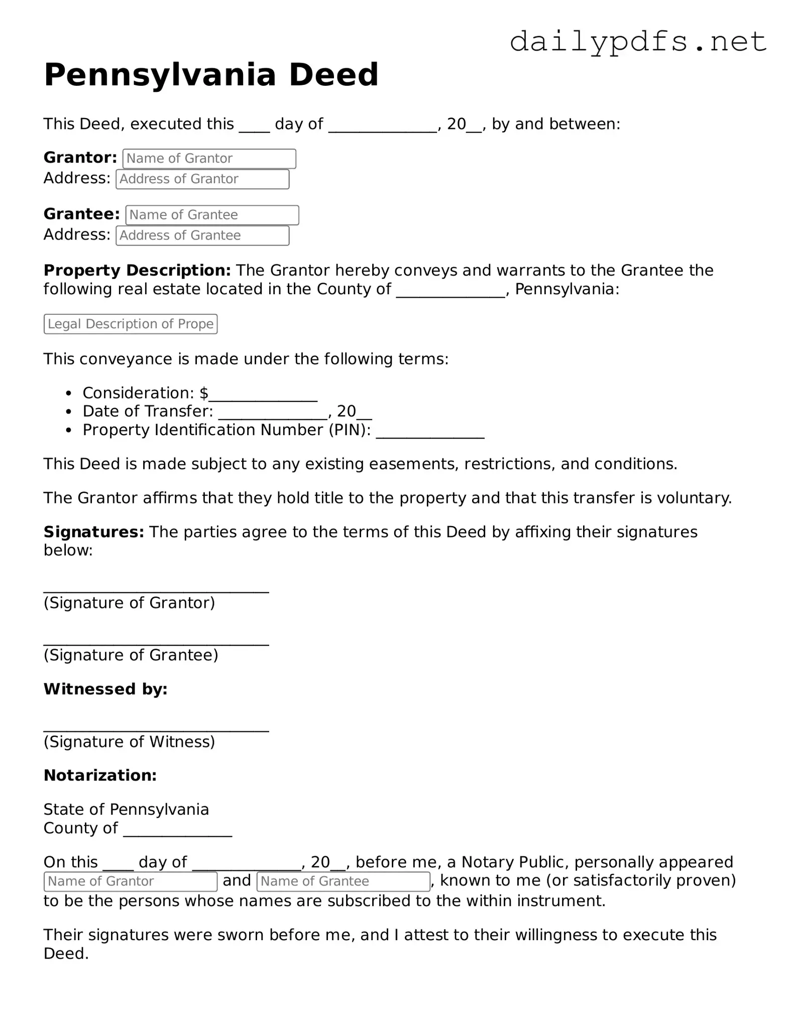 Free  Deed Template for Pennsylvania