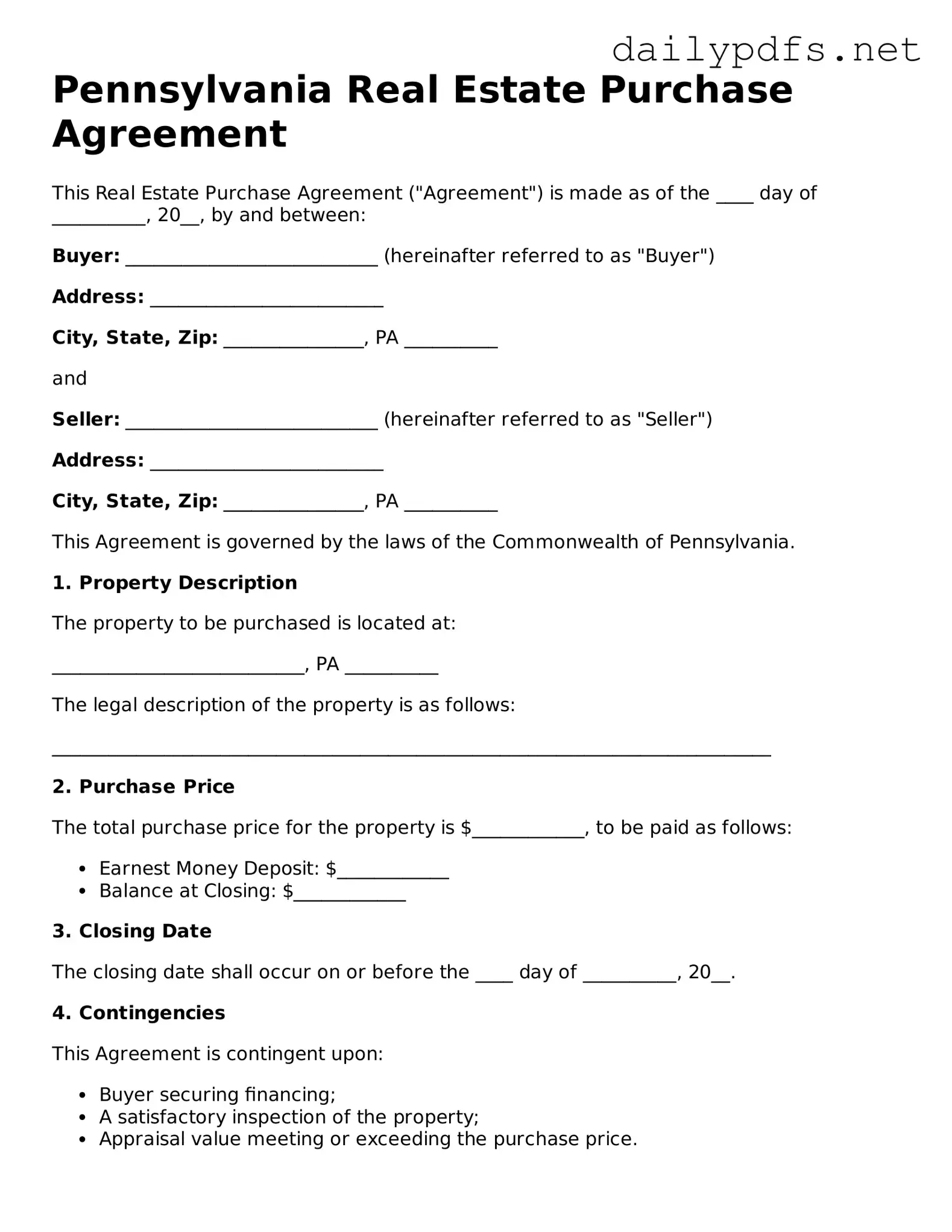 Free  Real Estate Purchase Agreement Template for Pennsylvania