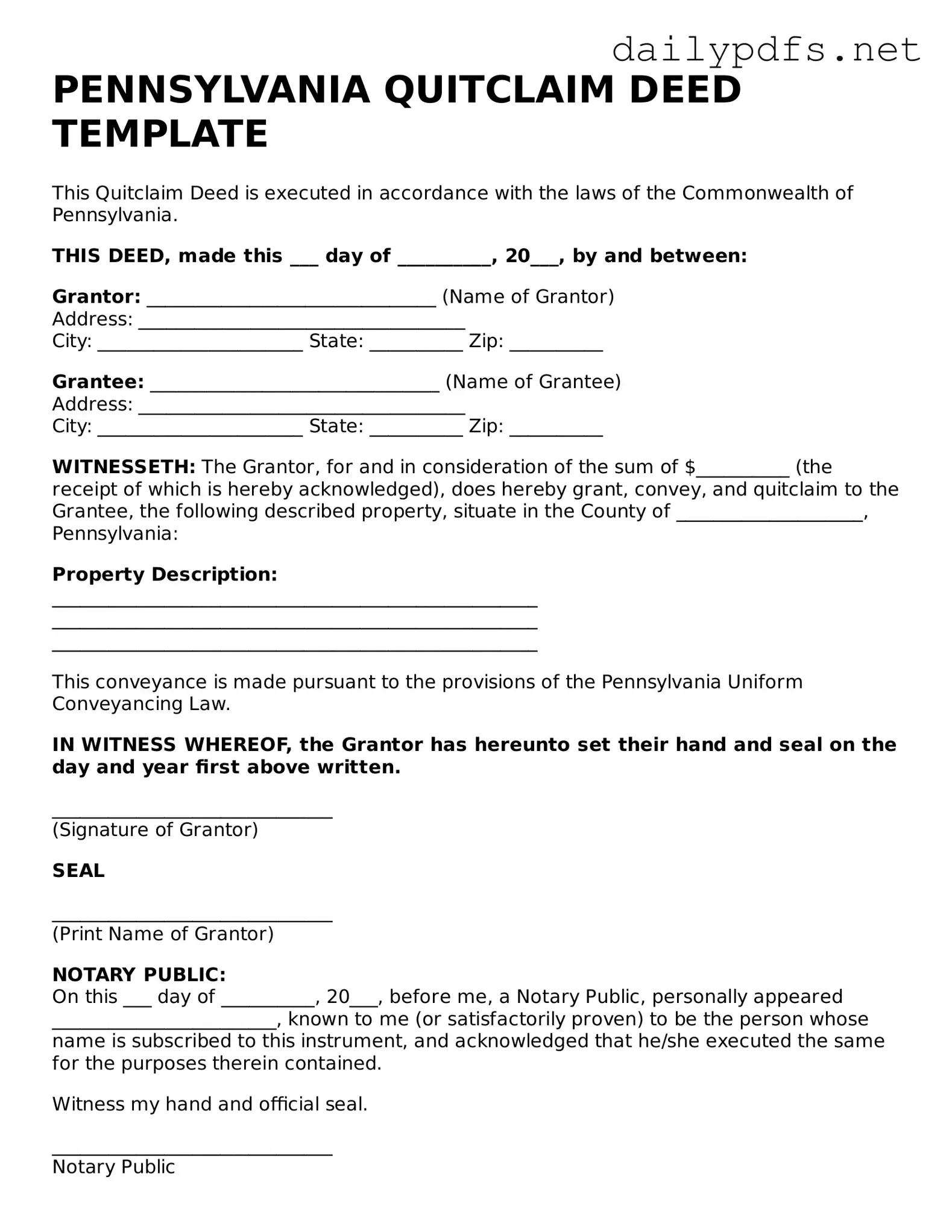 Free  Quitclaim Deed Template for Pennsylvania