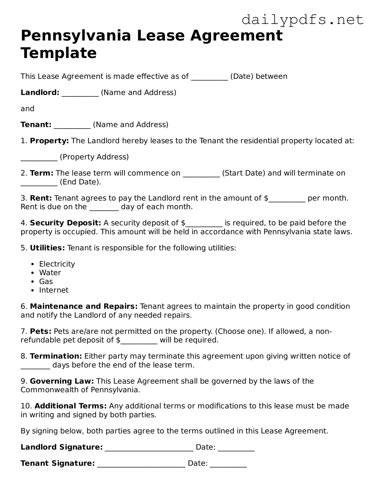 Free  Lease Agreement Template for Pennsylvania