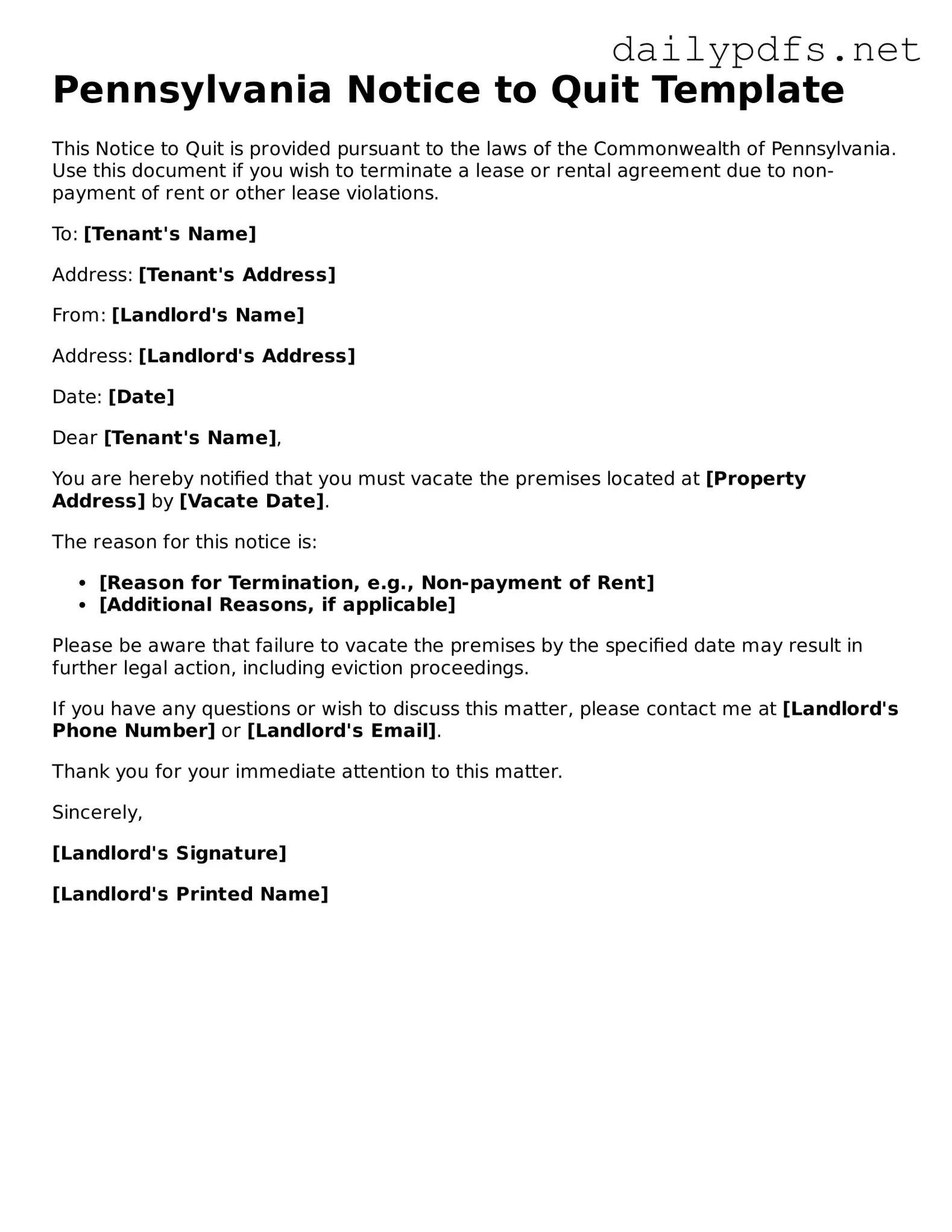 Free  Notice to Quit Template for Pennsylvania