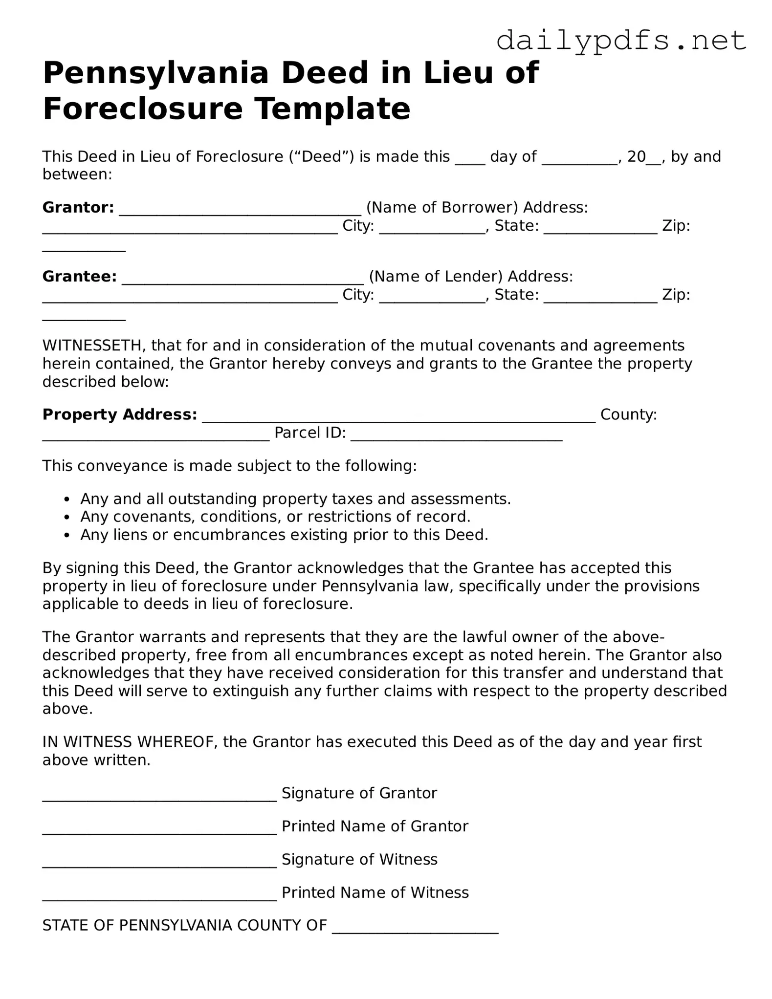 Free  Deed in Lieu of Foreclosure Template for Pennsylvania