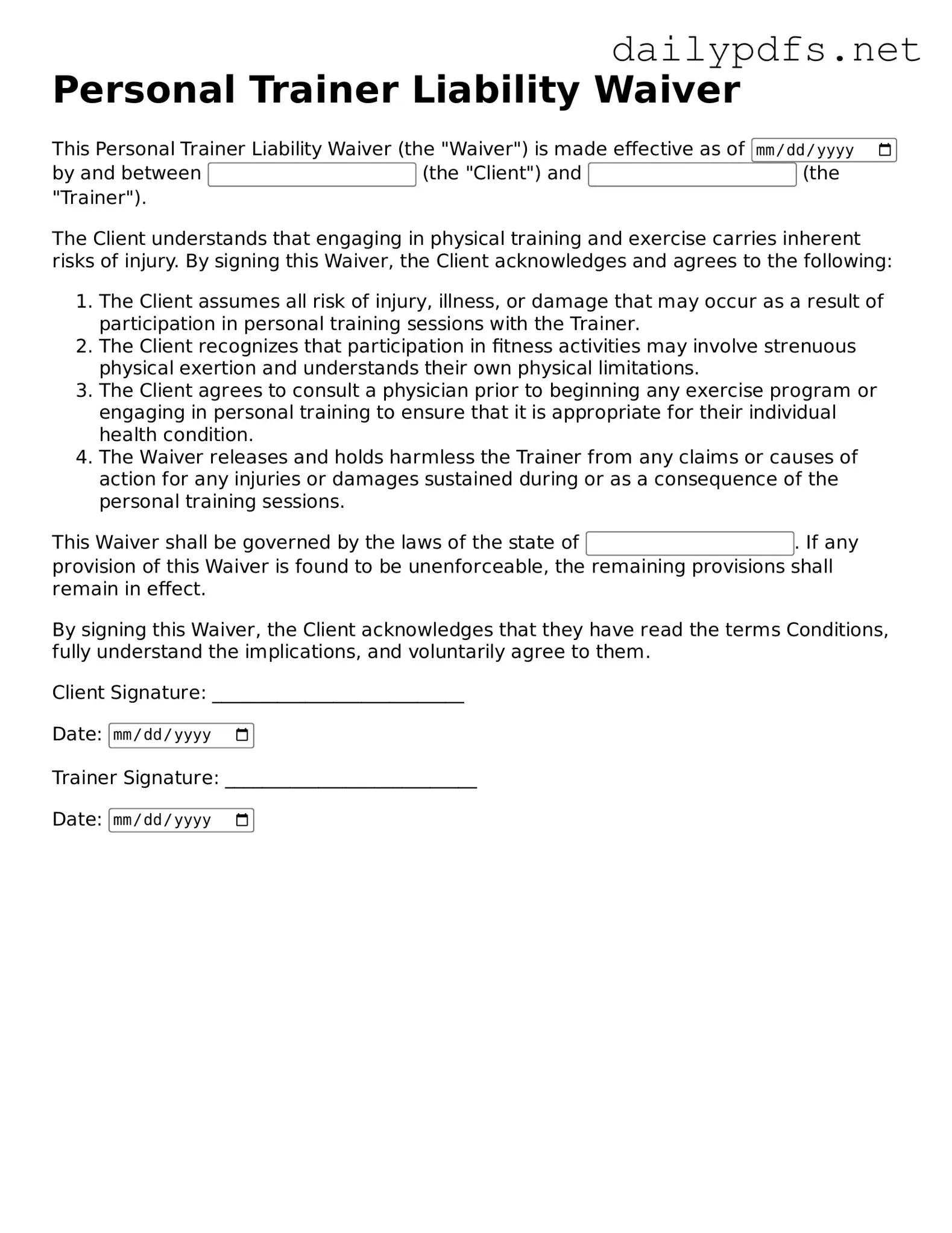 Printable Personal Trainer Liability Waiver Document