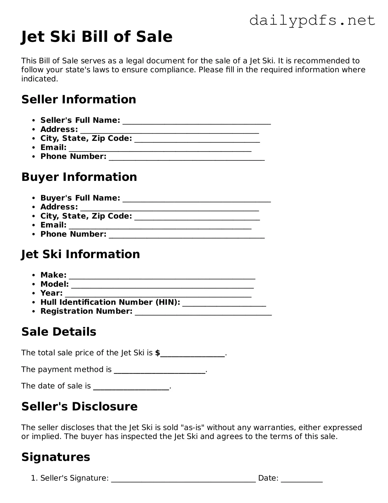 Printable Jet Ski Bill of Sale Document