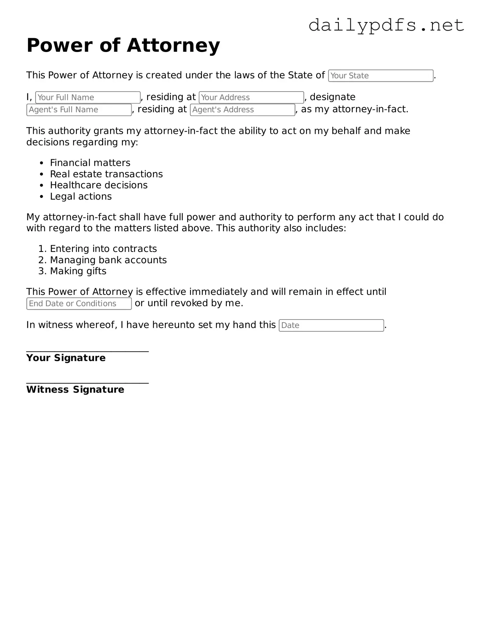 Printable Power of Attorney Document