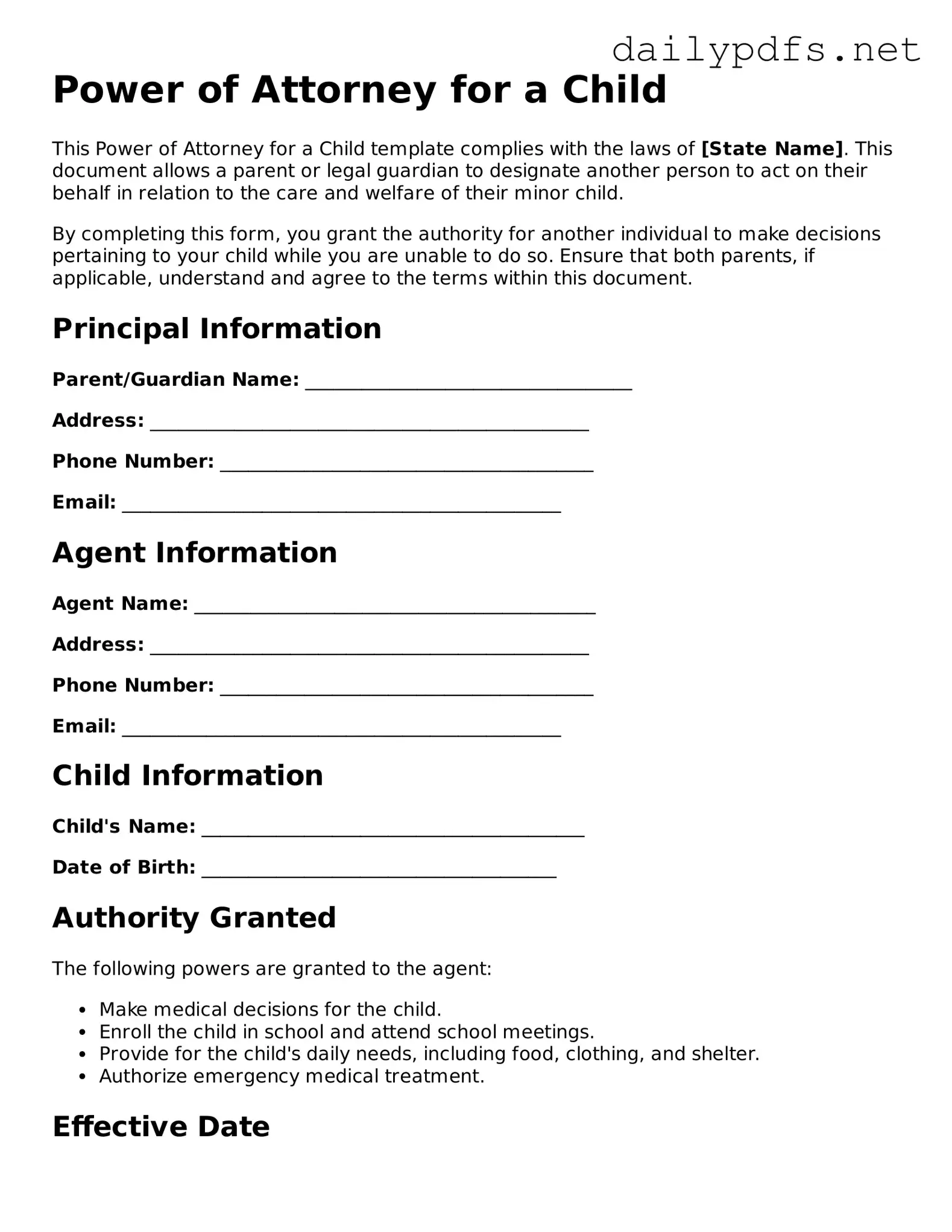 Printable Power of Attorney for a Child Document