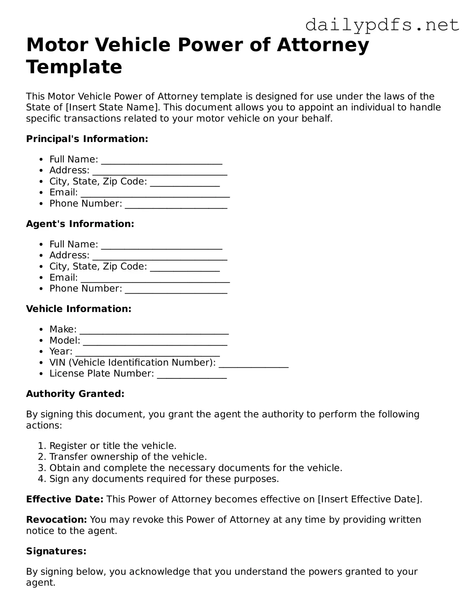 Printable Motor Vehicle Power of Attorney Document