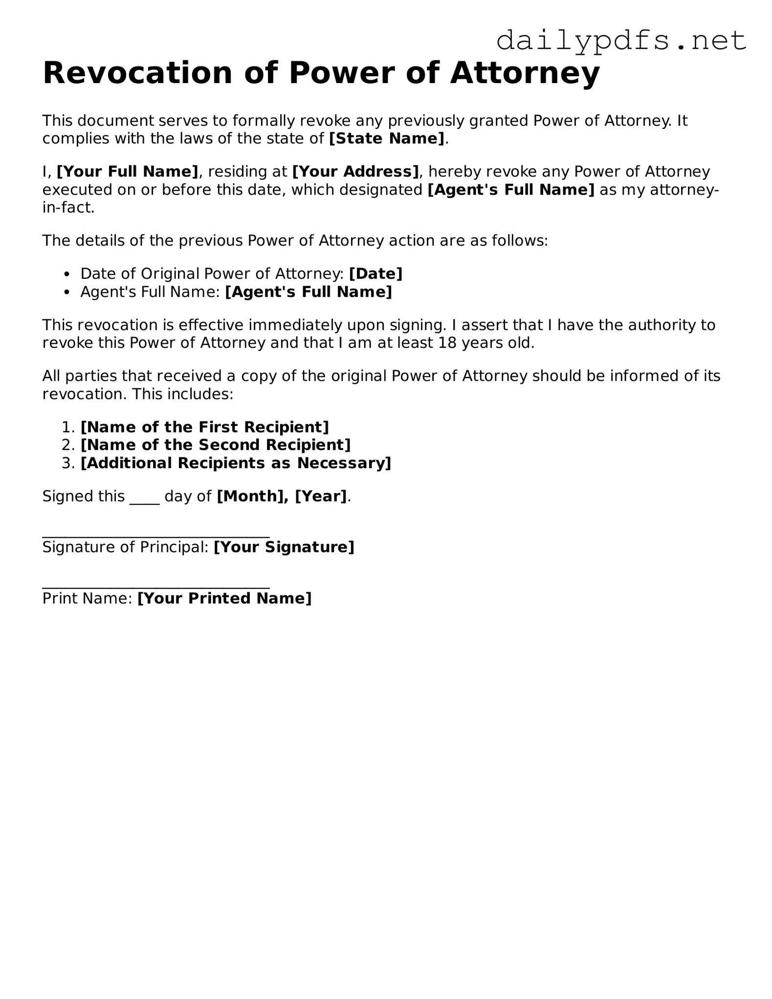 Printable Revocation of Power of Attorney Document