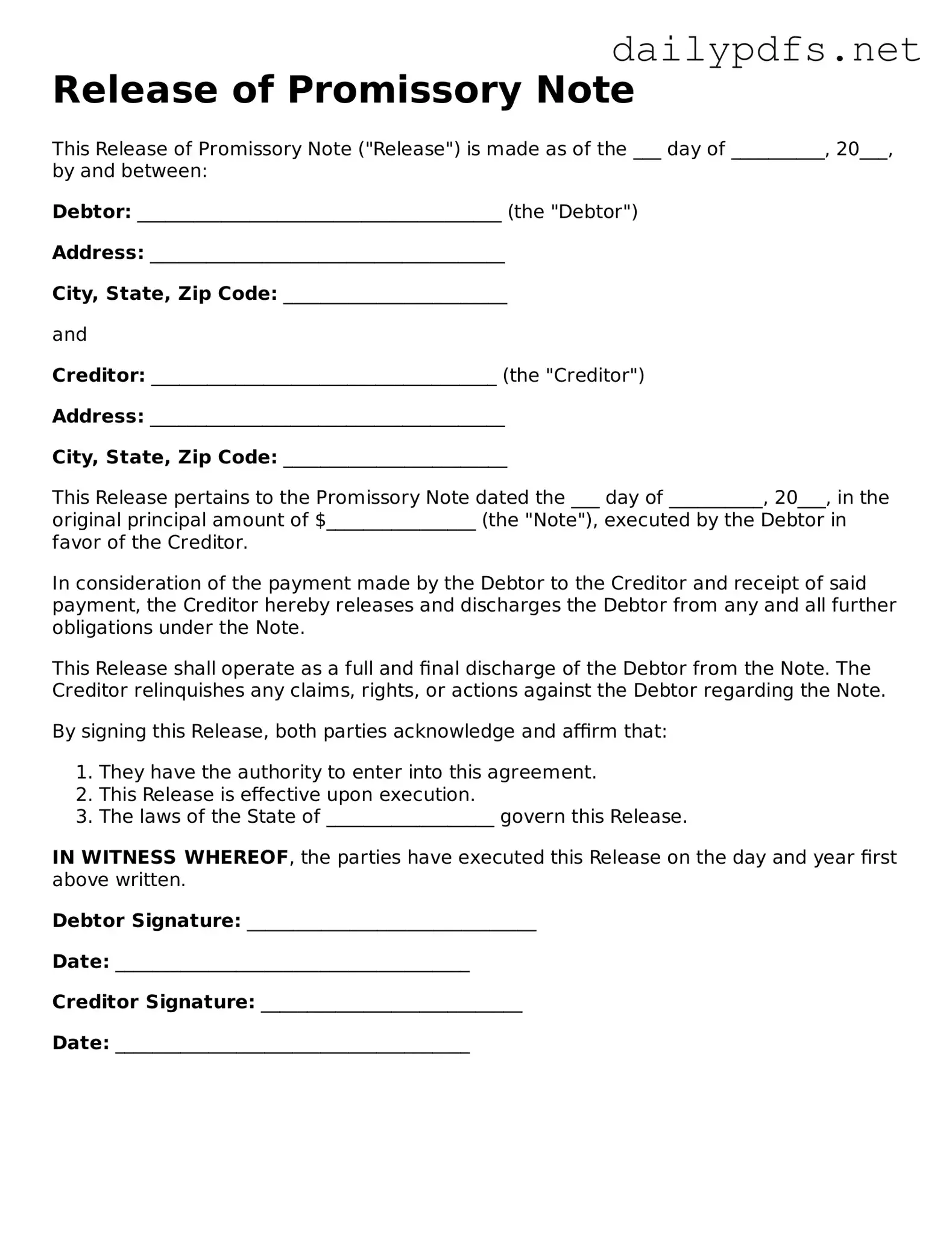 Printable Release of Promissory Note Document